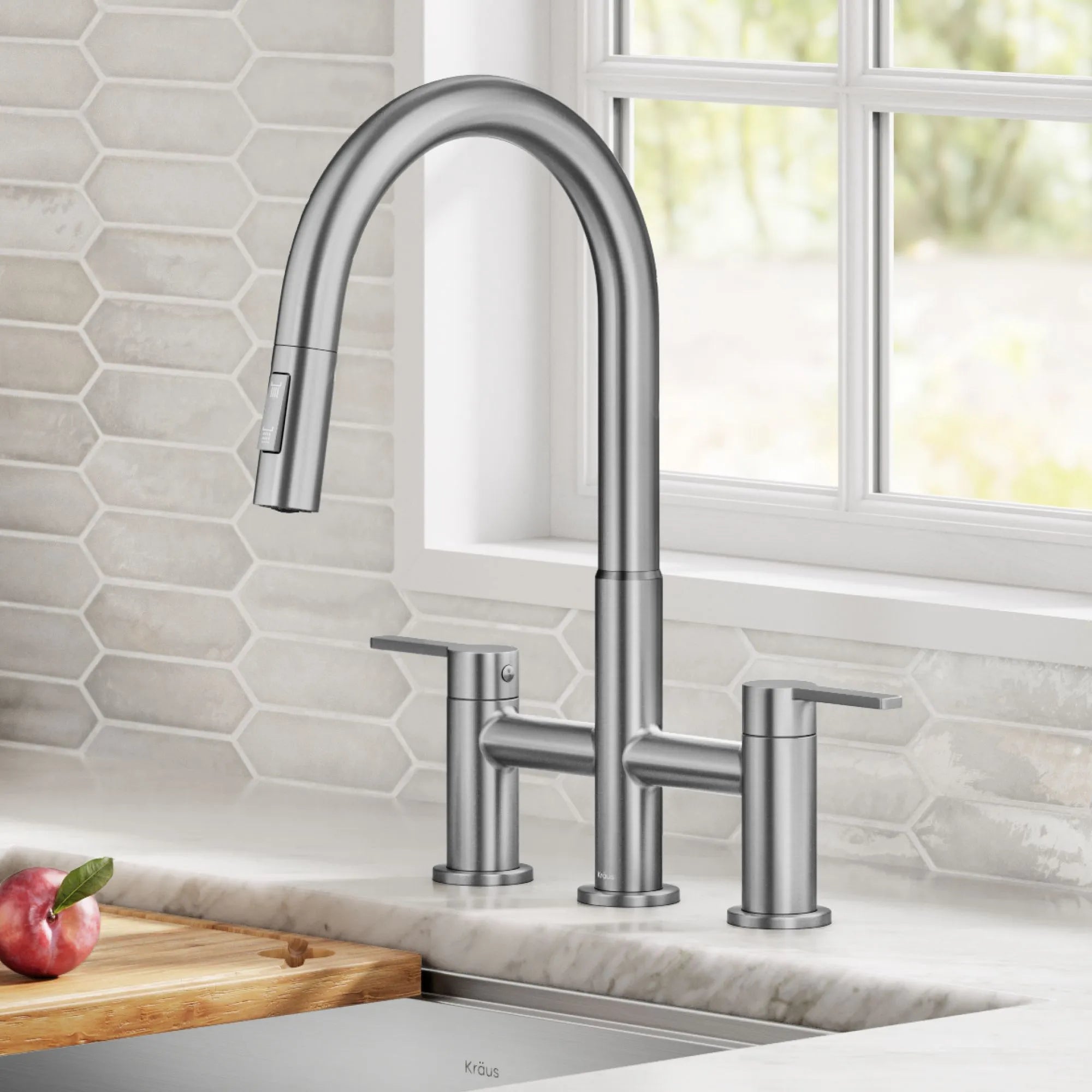 KRAUS Contemporary Bridge Kitchen Faucet with Spray-Head in Spot-Free Stainless-DirectSinks