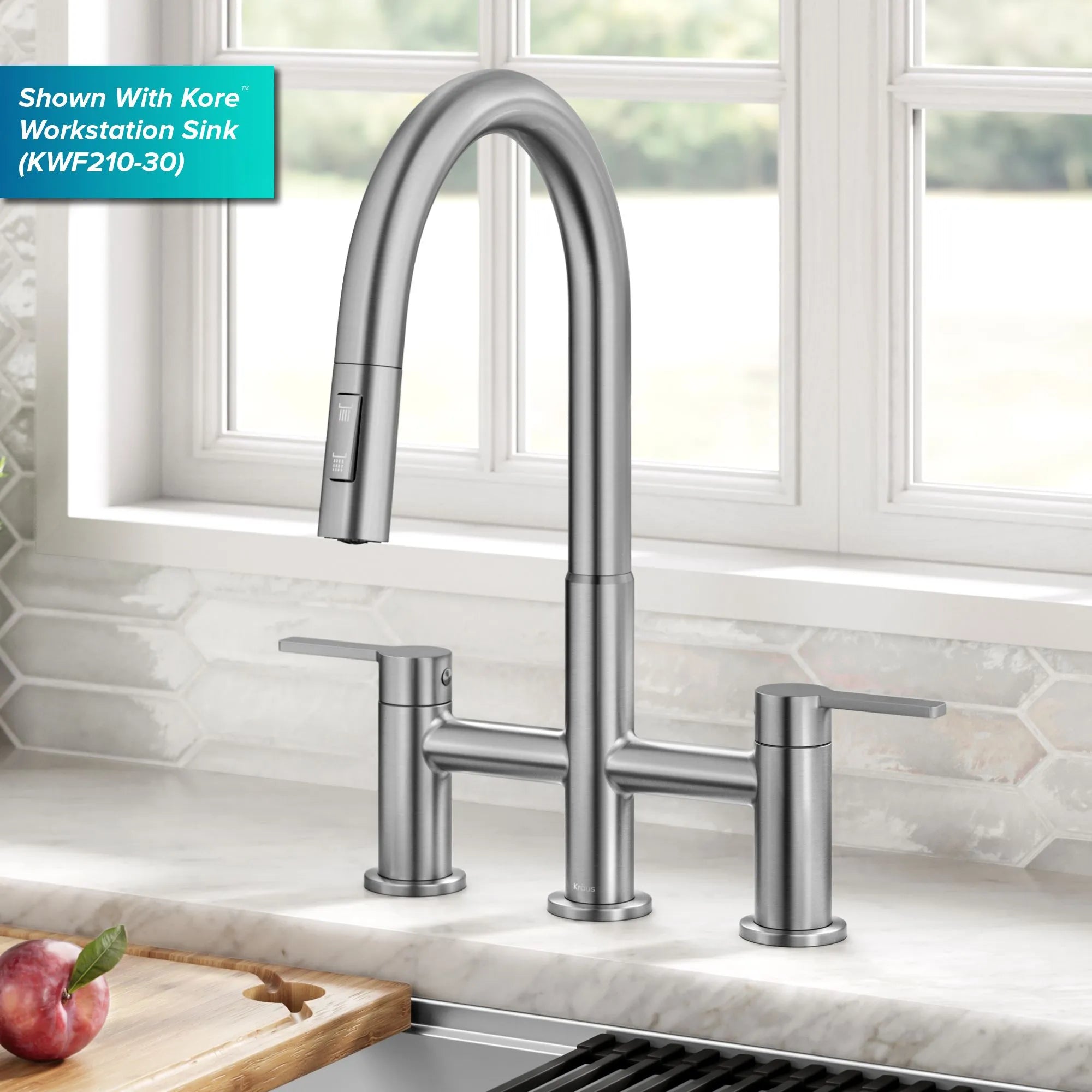 KRAUS Contemporary Bridge Kitchen Faucet with Spray-Head in Spot-Free Stainless-DirectSinks