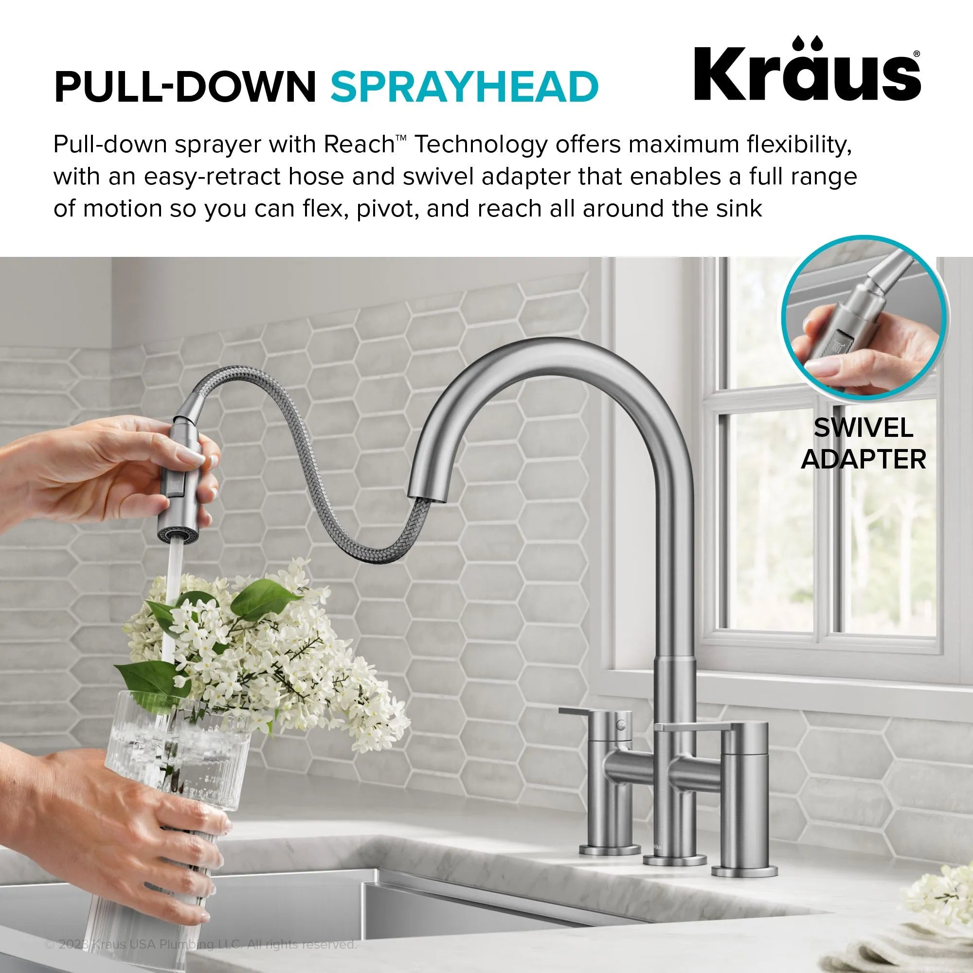 KRAUS Contemporary Bridge Kitchen Faucet with Spray-Head in Spot-Free Stainless-DirectSinks