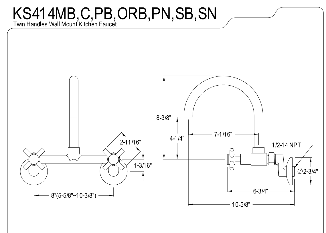 Kingston Brass Concord 2-Hole 8-Inch Adjustable Center Wall Mount Kitchen Faucet