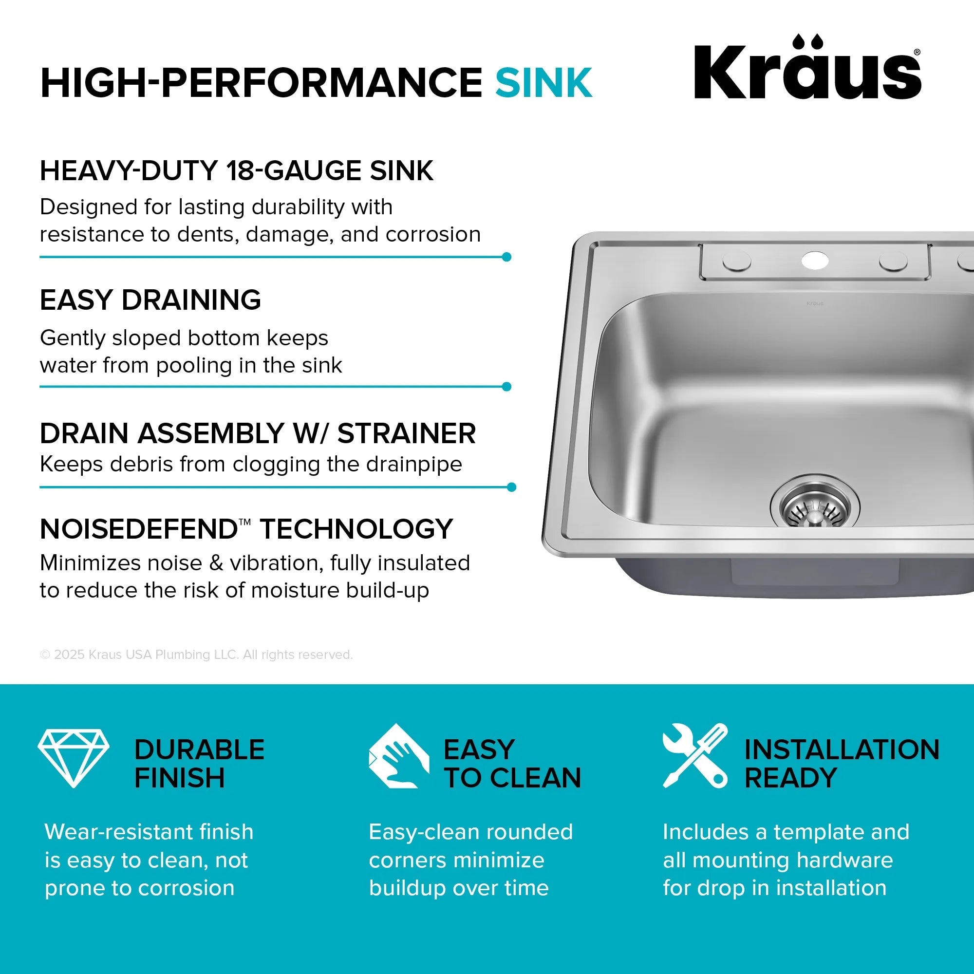 KRAUS 25" Topmount Single Bowl 18 Gauge Stainless Steel Kitchen Sink with NoiseDefend Soundproofing