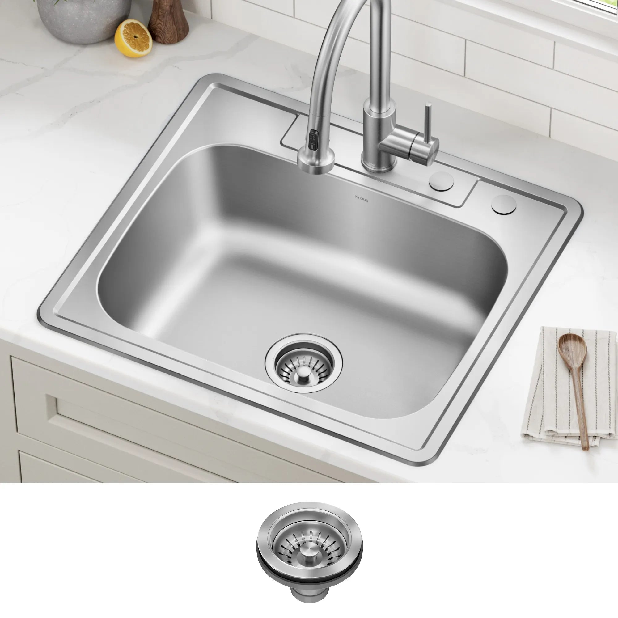KRAUS 25" Topmount Single Bowl 18 Gauge Stainless Steel Kitchen Sink with NoiseDefend Soundproofing