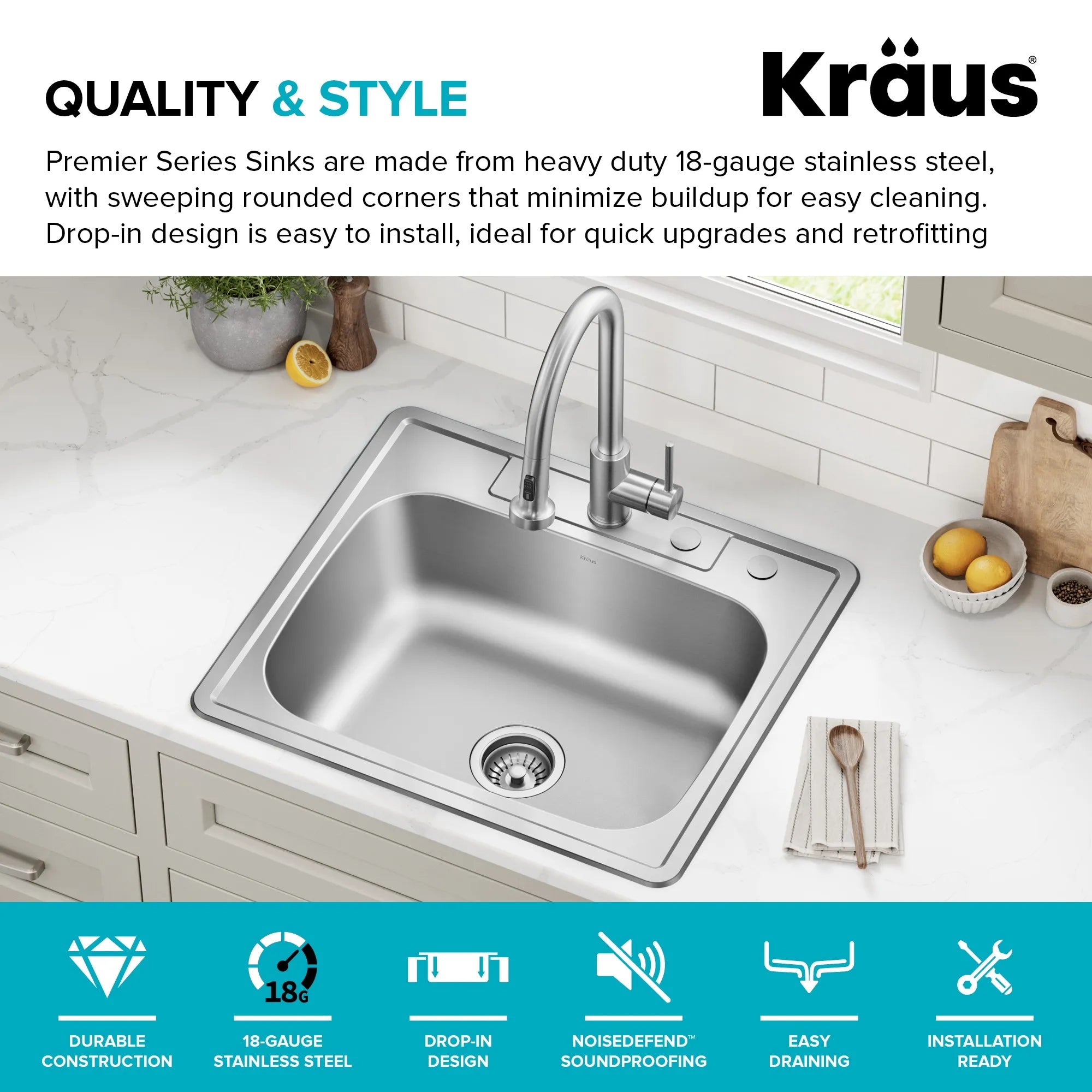 KRAUS 25" Topmount Single Bowl 18 Gauge Stainless Steel Kitchen Sink with NoiseDefend Soundproofing