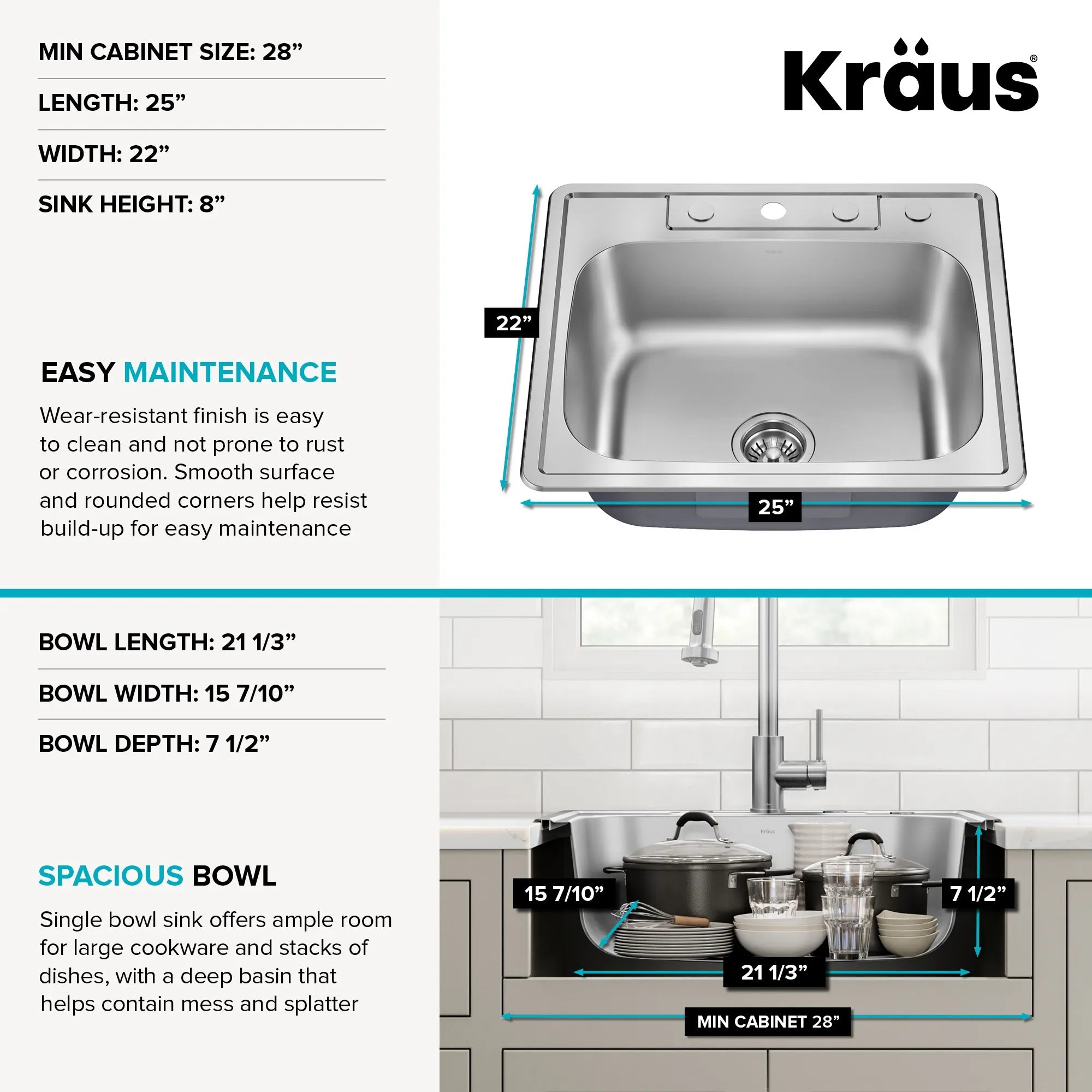 KRAUS 25" Topmount Single Bowl 18 Gauge Stainless Steel Kitchen Sink with NoiseDefend Soundproofing