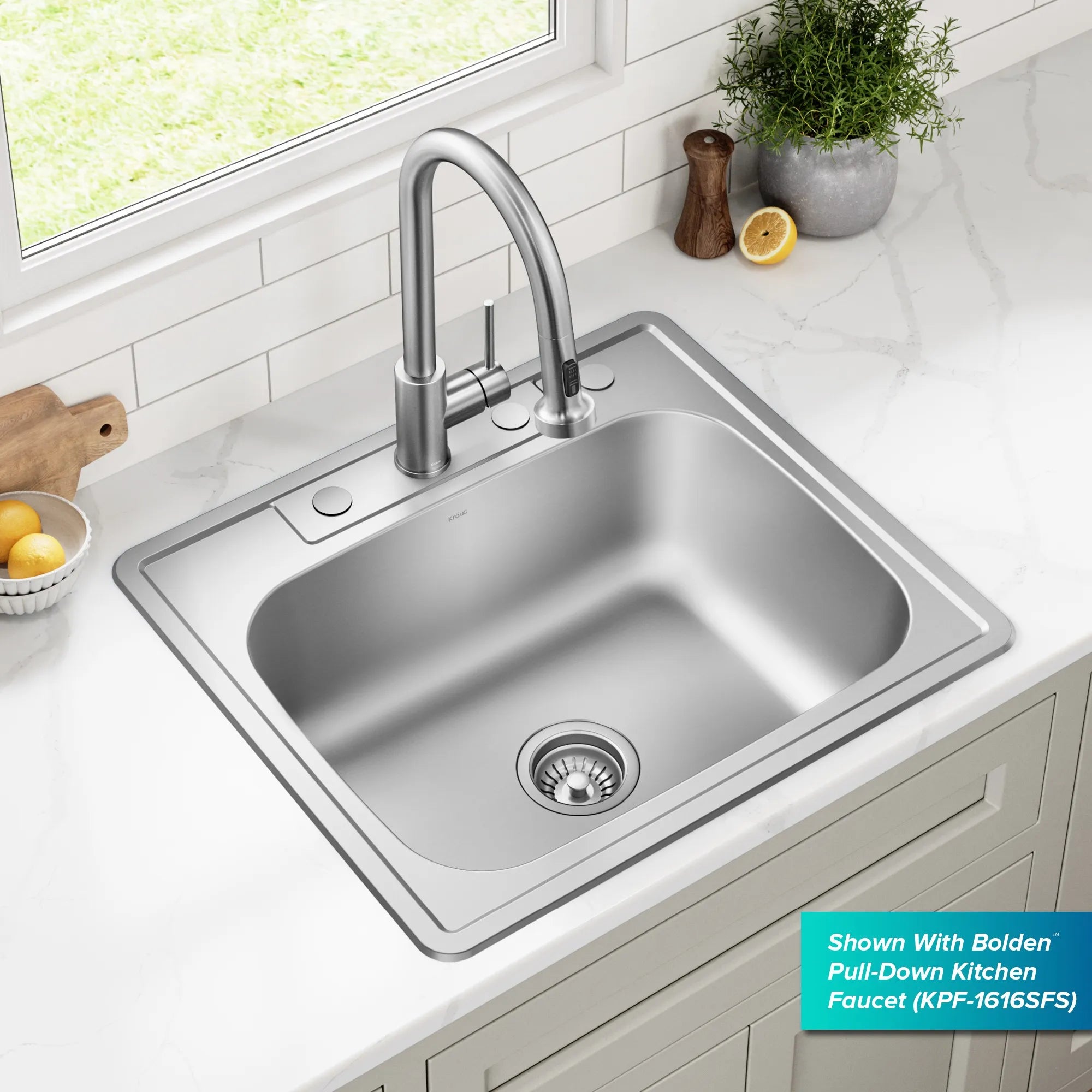 KRAUS 25" Topmount Single Bowl 18 Gauge Stainless Steel Kitchen Sink with NoiseDefend Soundproofing