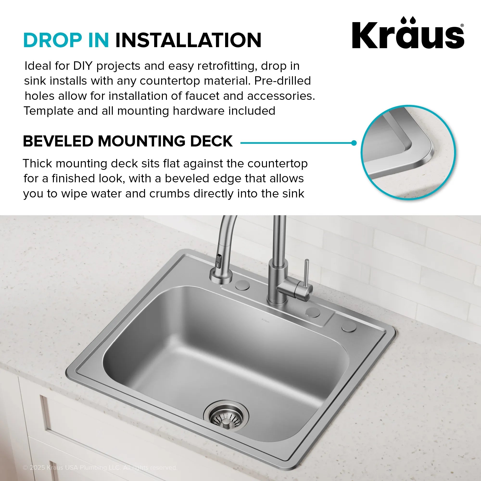 KRAUS 25" Topmount Single Bowl 18 Gauge Stainless Steel Kitchen Sink with NoiseDefend Soundproofing