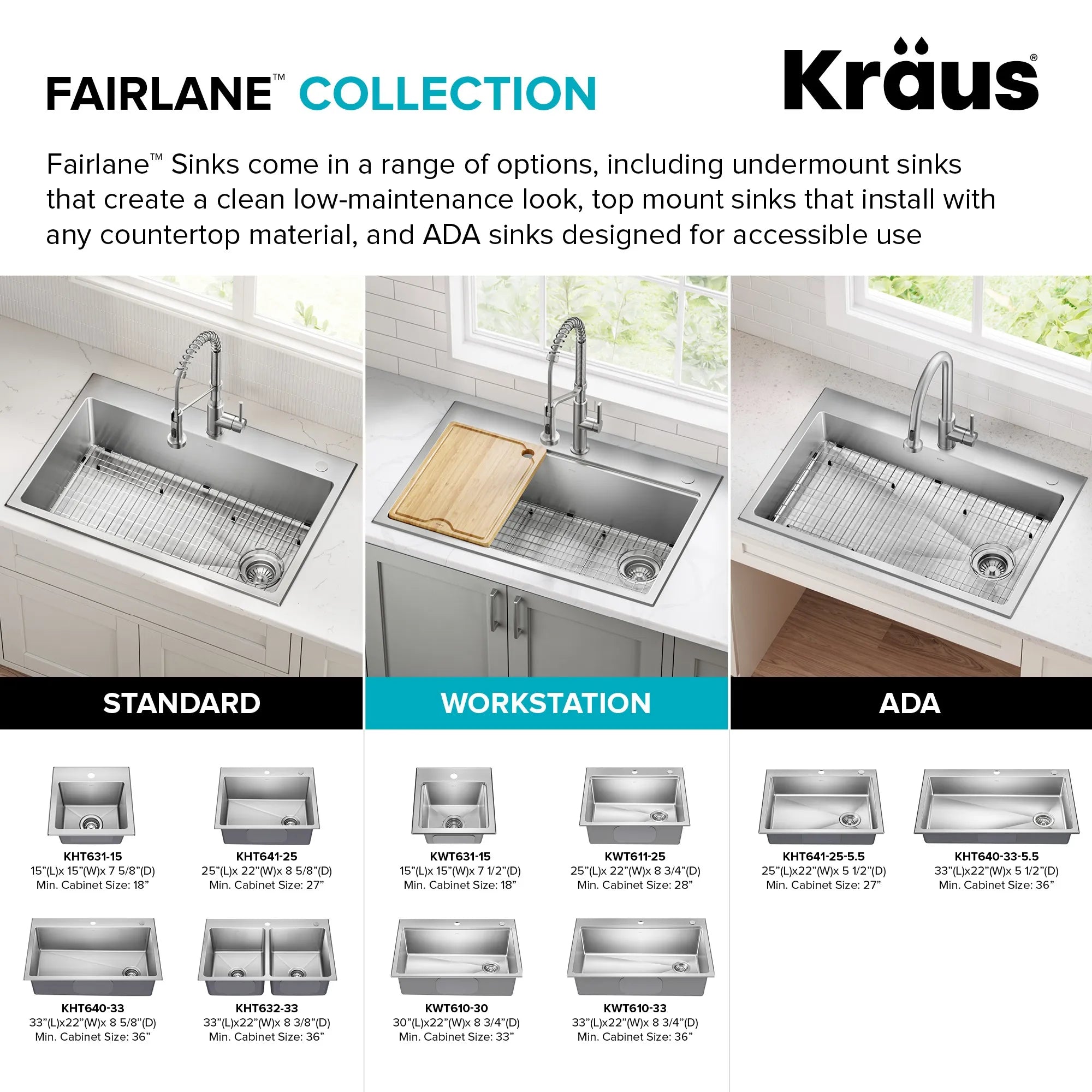 KRAUS Fairlane 33” Drop-In Workstation Single Bowl Stainless Steel Kitchen Sink
