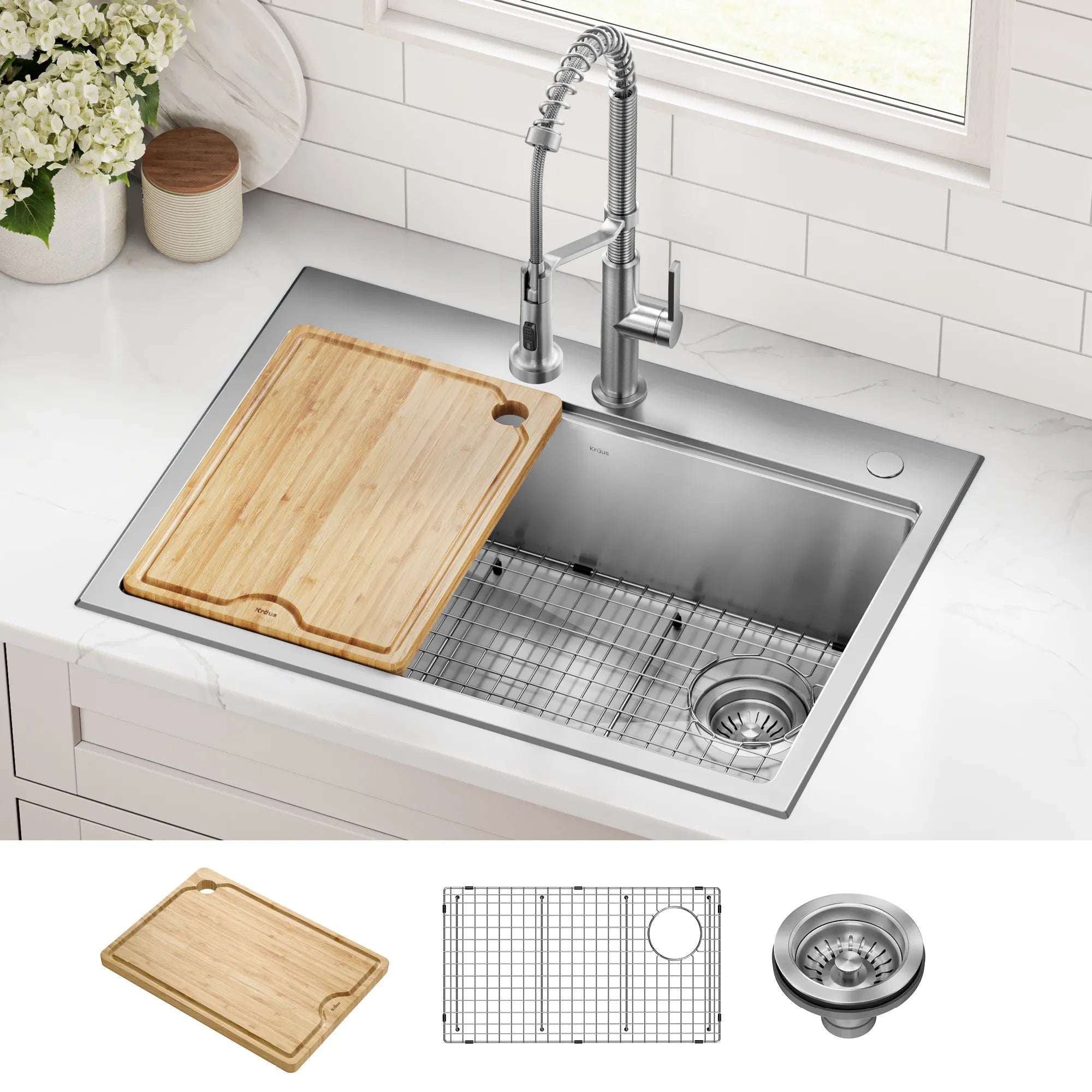 KRAUS Fairlane 30” Drop-In Workstation Single Bowl Stainless Steel Kitchen Sink 
