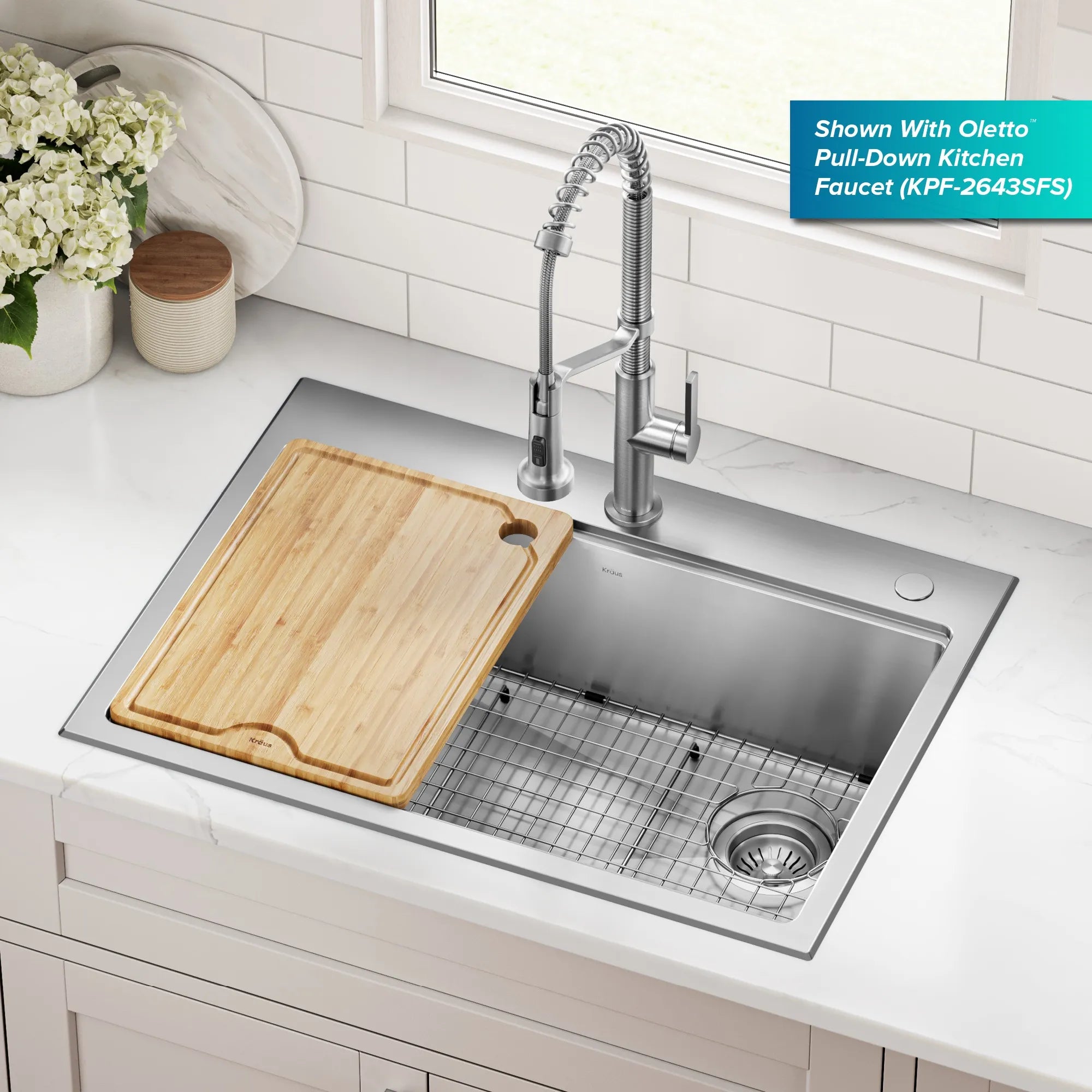 KRAUS Fairlane 30” Drop-In Workstation Single Bowl Stainless Steel Kitchen Sink 