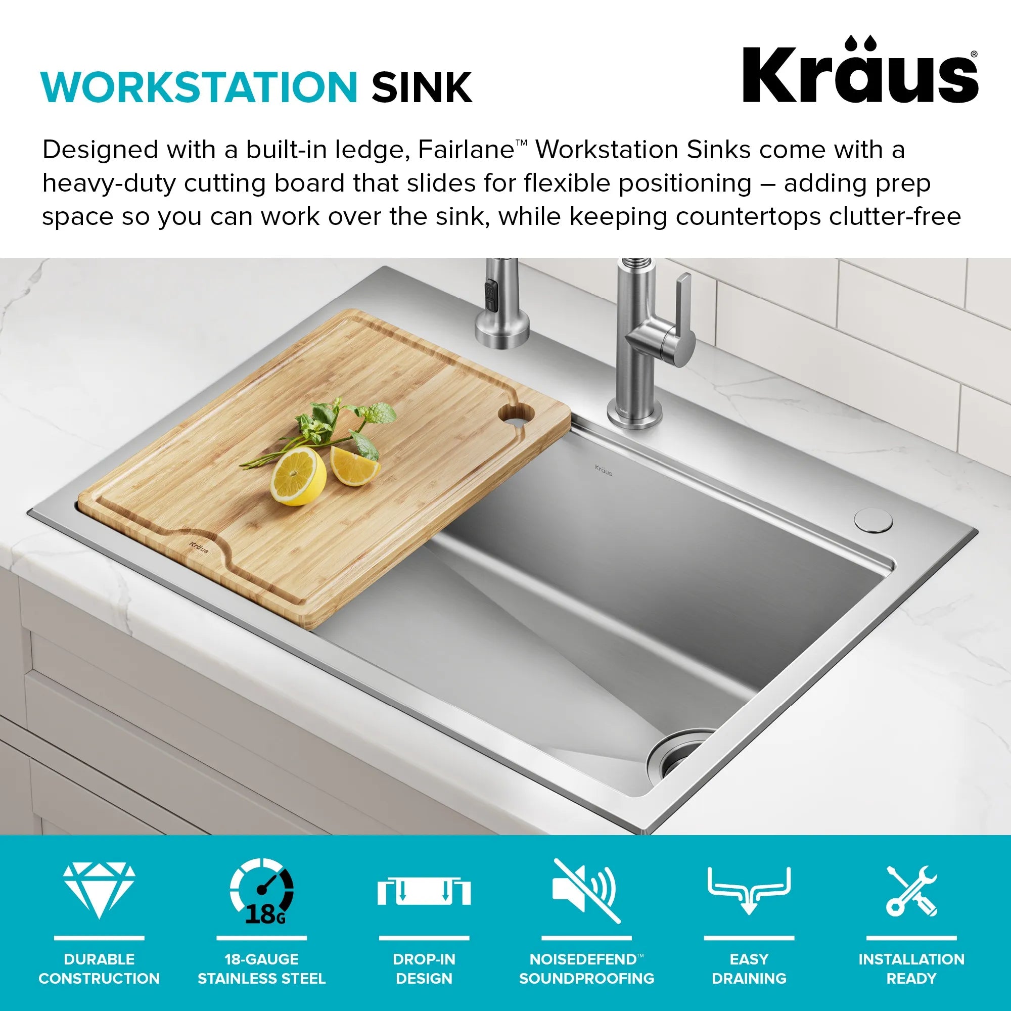 KRAUS Fairlane 30” Drop-In Workstation Single Bowl Stainless Steel Kitchen Sink 