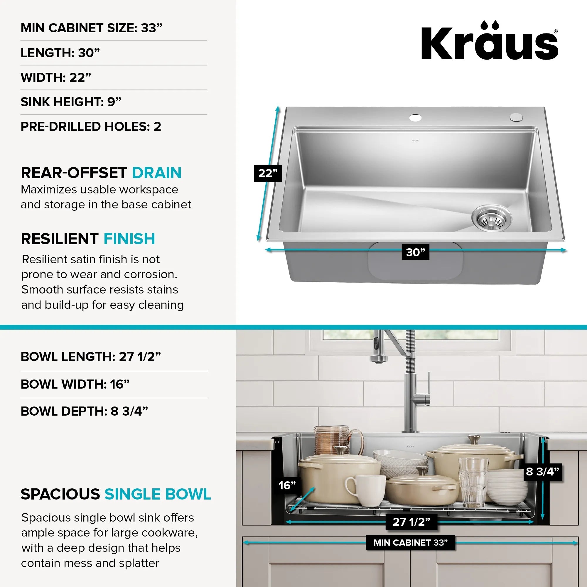 KRAUS Fairlane 30” Drop-In Workstation Single Bowl Stainless Steel Kitchen Sink 