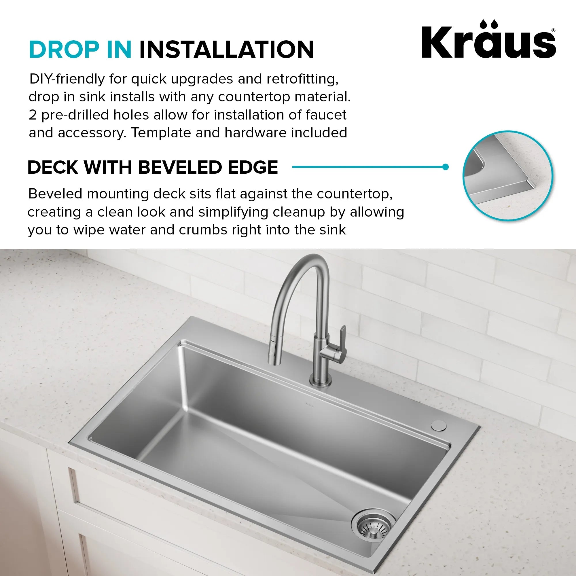 KRAUS Fairlane 30” Drop-In Workstation Single Bowl Stainless Steel Kitchen Sink 
