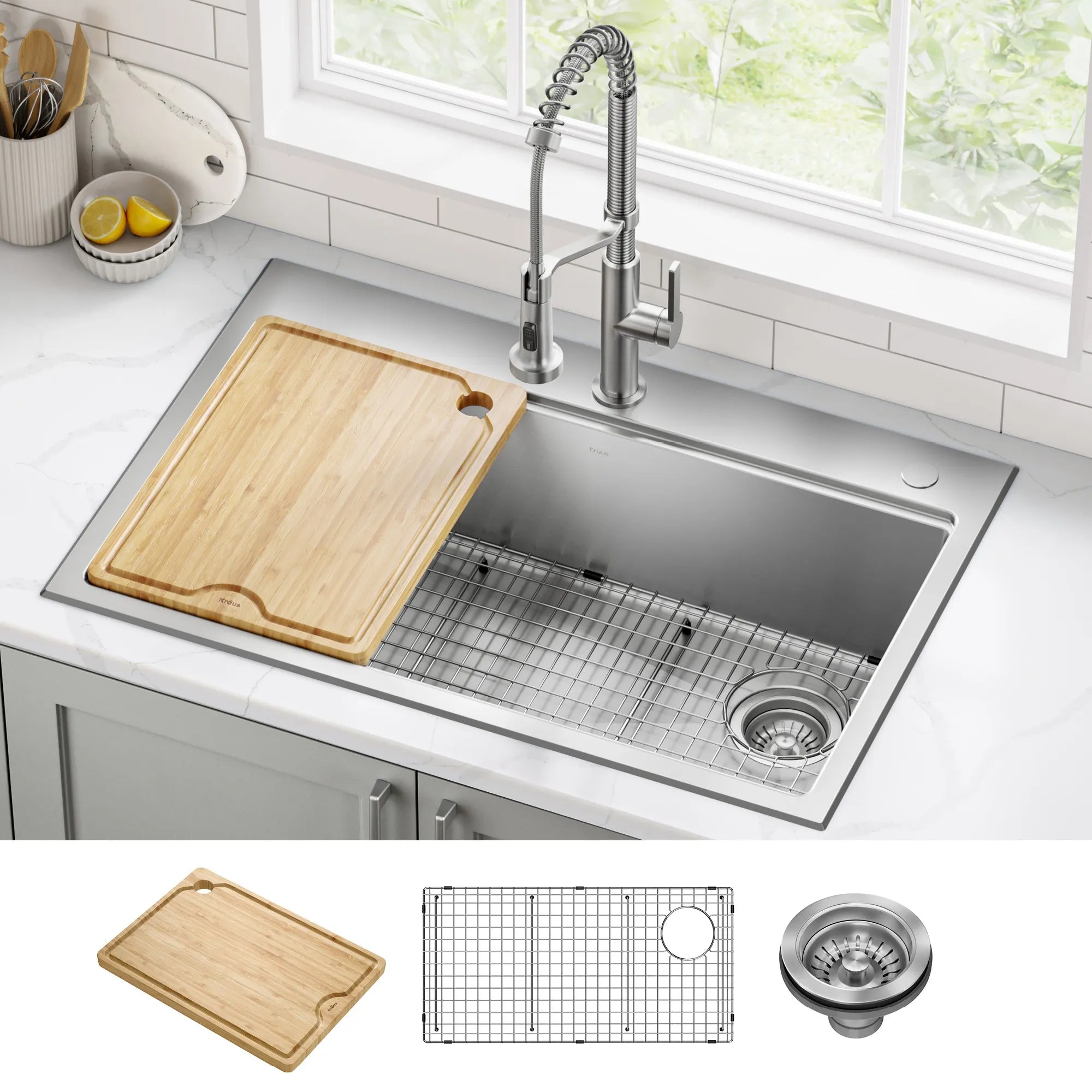 KRAUS Fairlane 33” Drop-In Workstation Single Bowl Stainless Steel Kitchen Sink