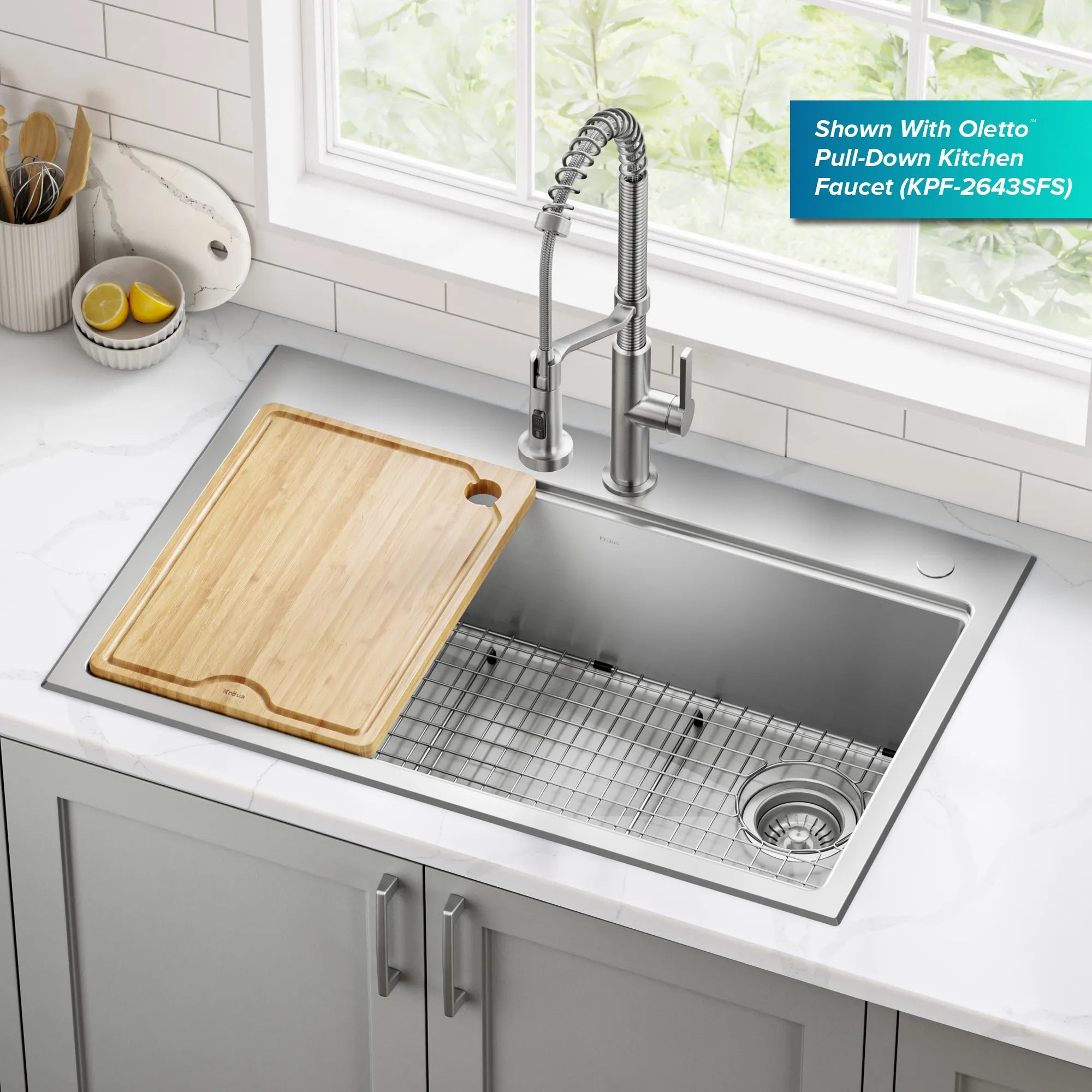 KRAUS Fairlane 33” Drop-In Workstation Single Bowl Stainless Steel Kitchen Sink