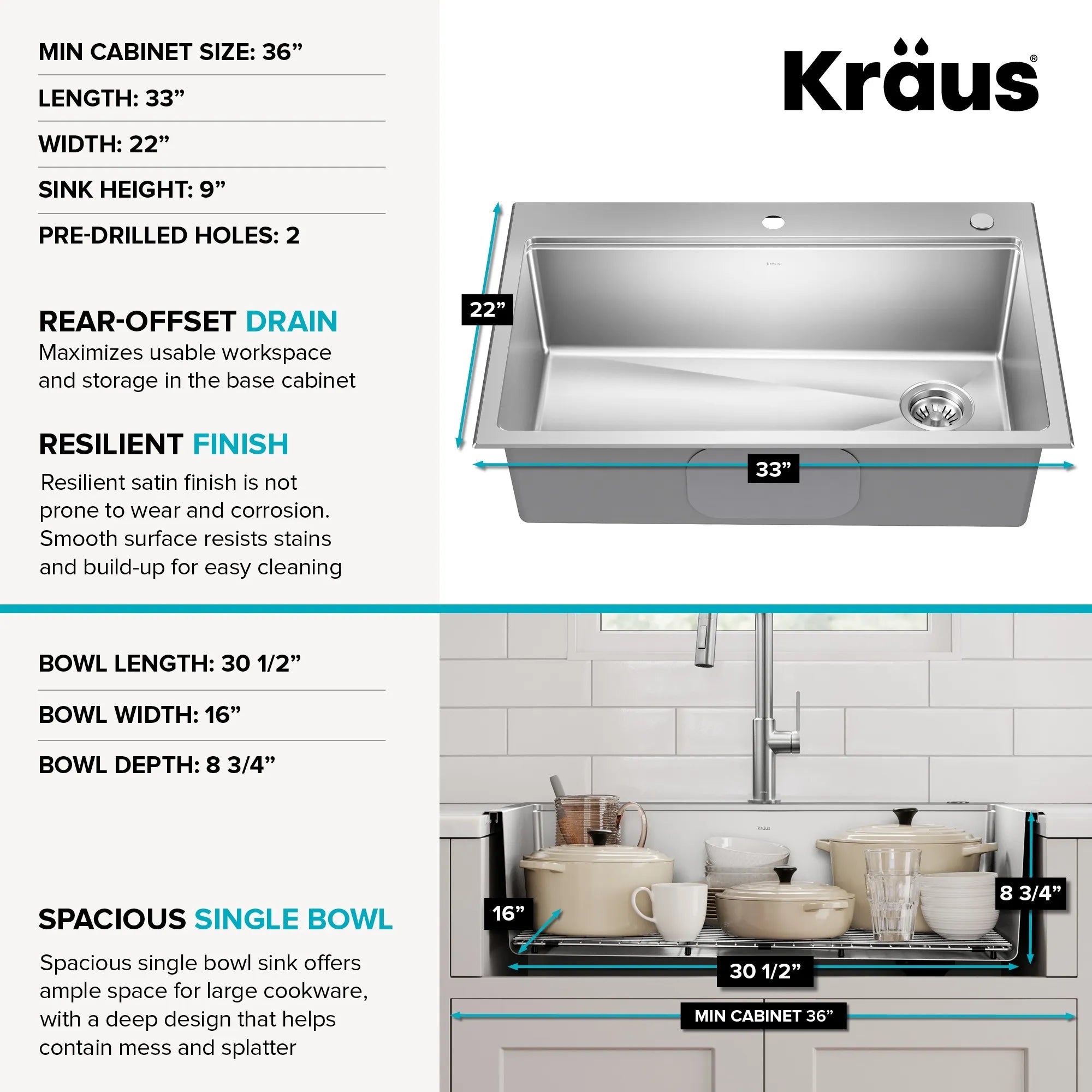 KRAUS Fairlane 33” Drop-In Workstation Single Bowl Stainless Steel Kitchen Sink