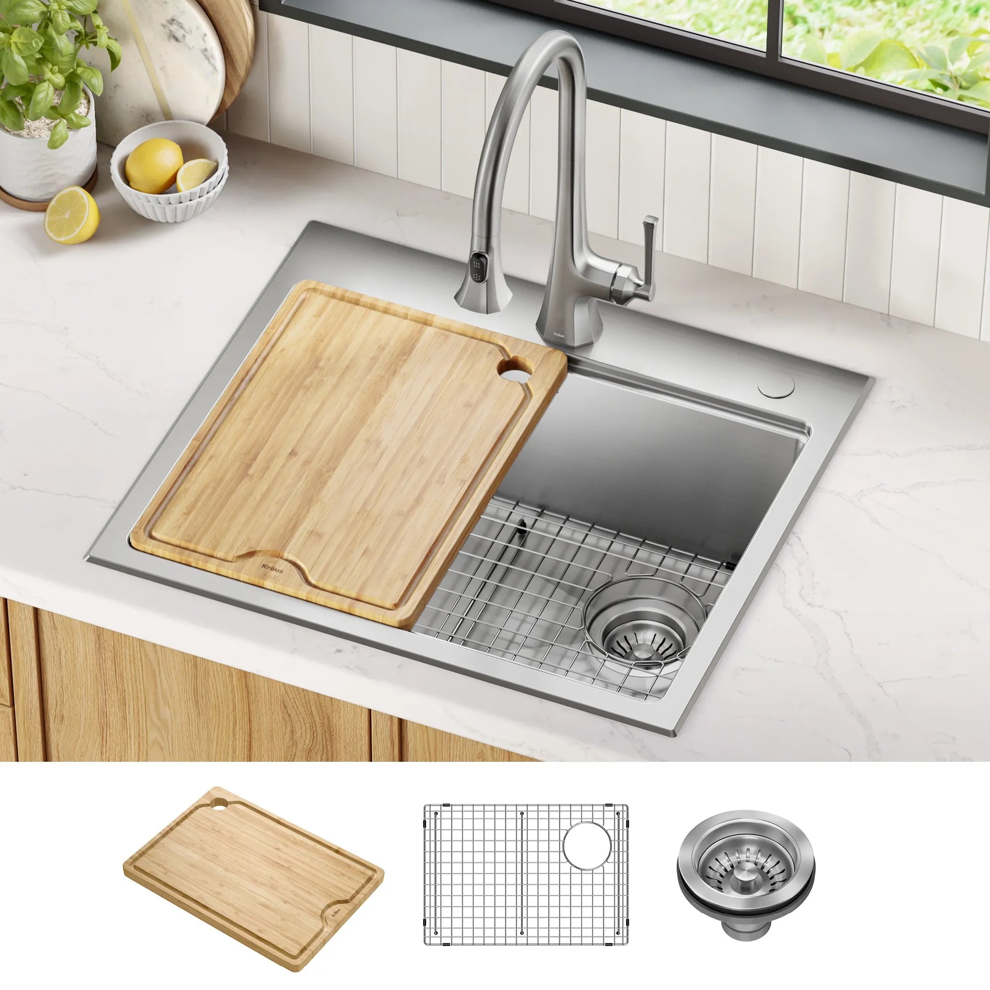 KRAUS Fairlane 25” Drop-In Workstation Single Bowl  Stainless Steel Kitchen Sink with Accessories