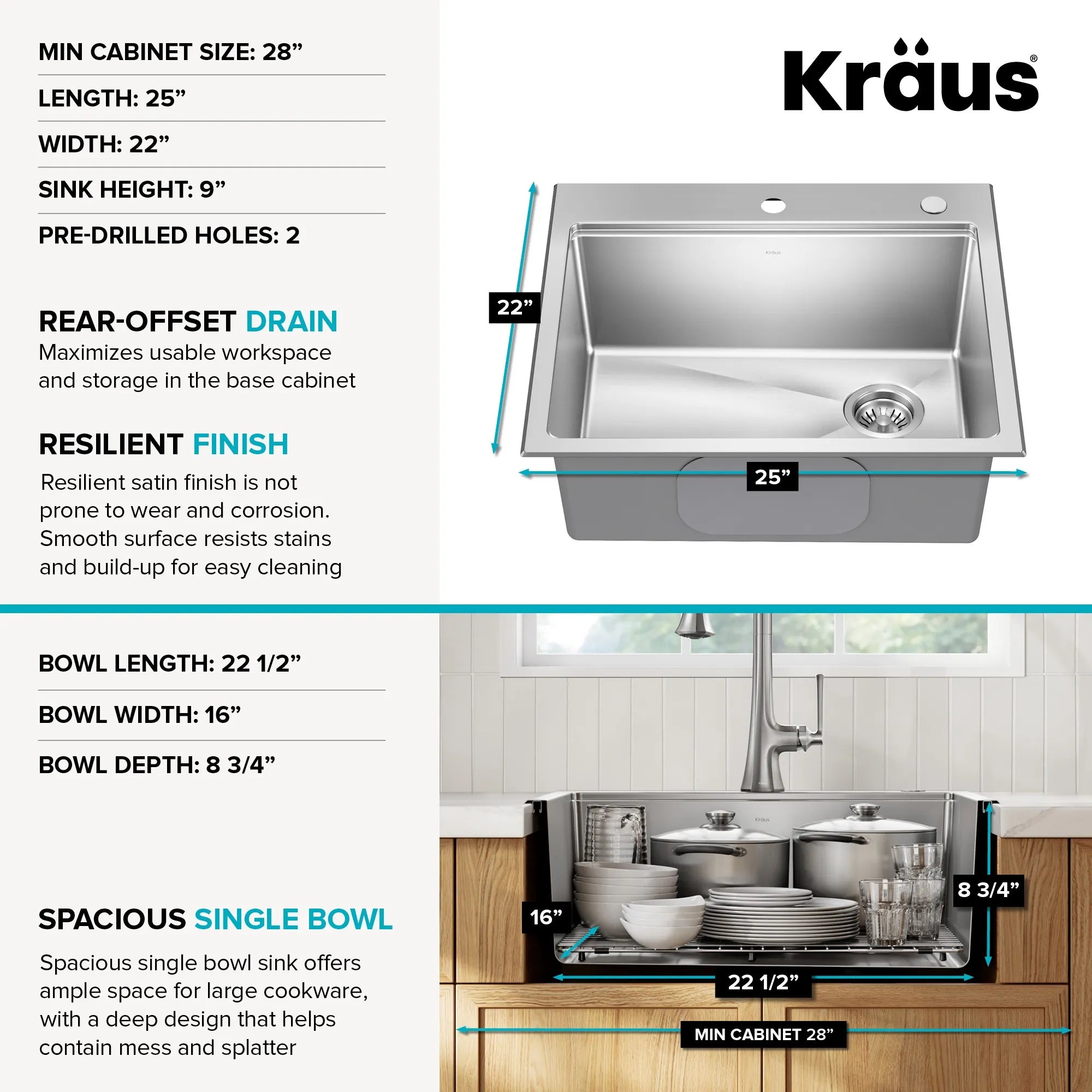KRAUS Fairlane 25” Drop-In Workstation Single Bowl  Stainless Steel Kitchen Sink with Accessories