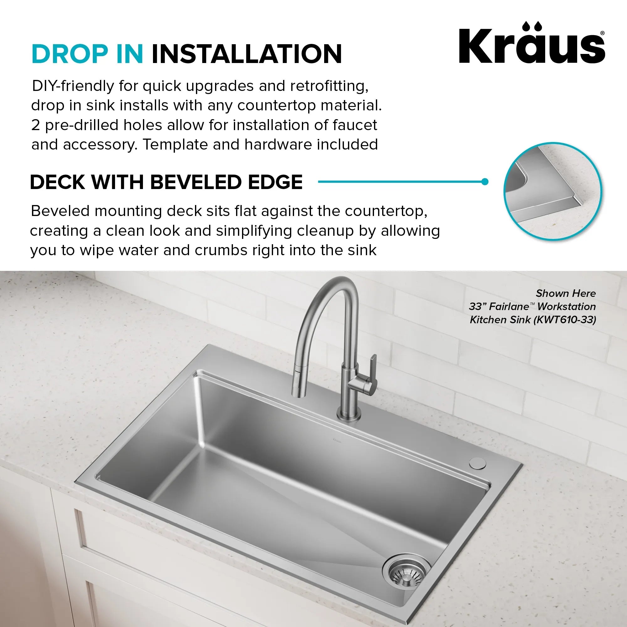 KRAUS Fairlane 25” Drop-In Workstation Single Bowl  Stainless Steel Kitchen Sink with Accessories