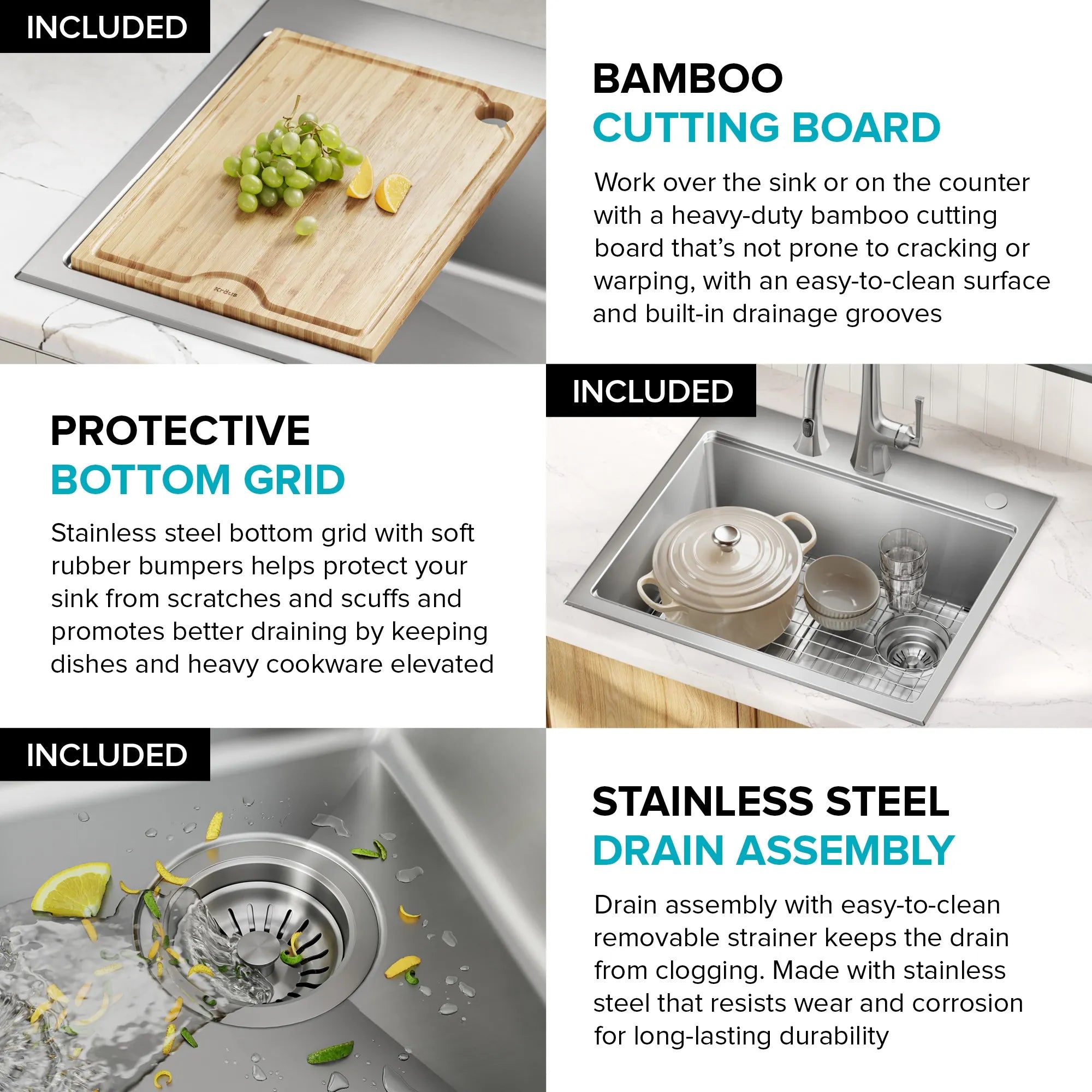 KRAUS Fairlane 30” Drop-In Workstation Single Bowl Stainless Steel Kitchen Sink 