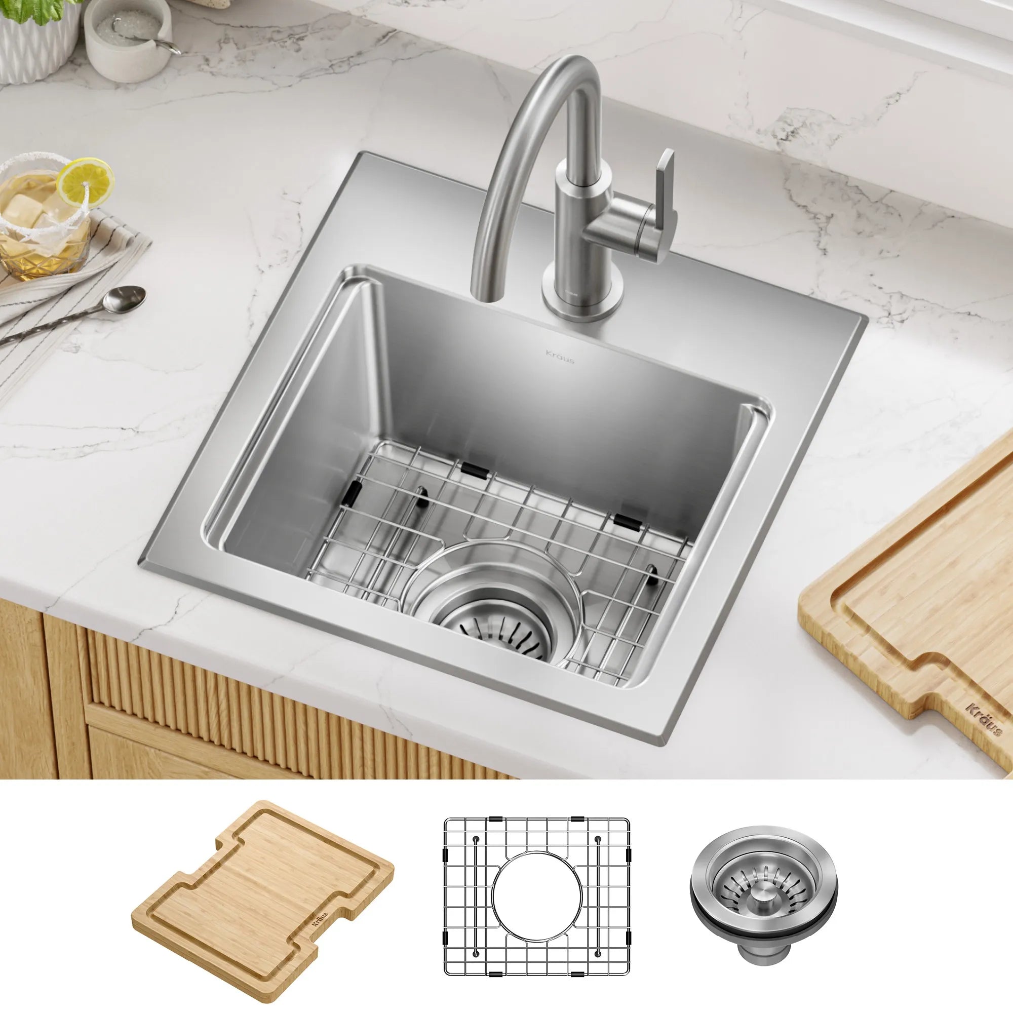 KRAUS Fairlane 15” Drop-In Workstation Single Bowl  Stainless Steel Bar Kitchen Sink with Accessories