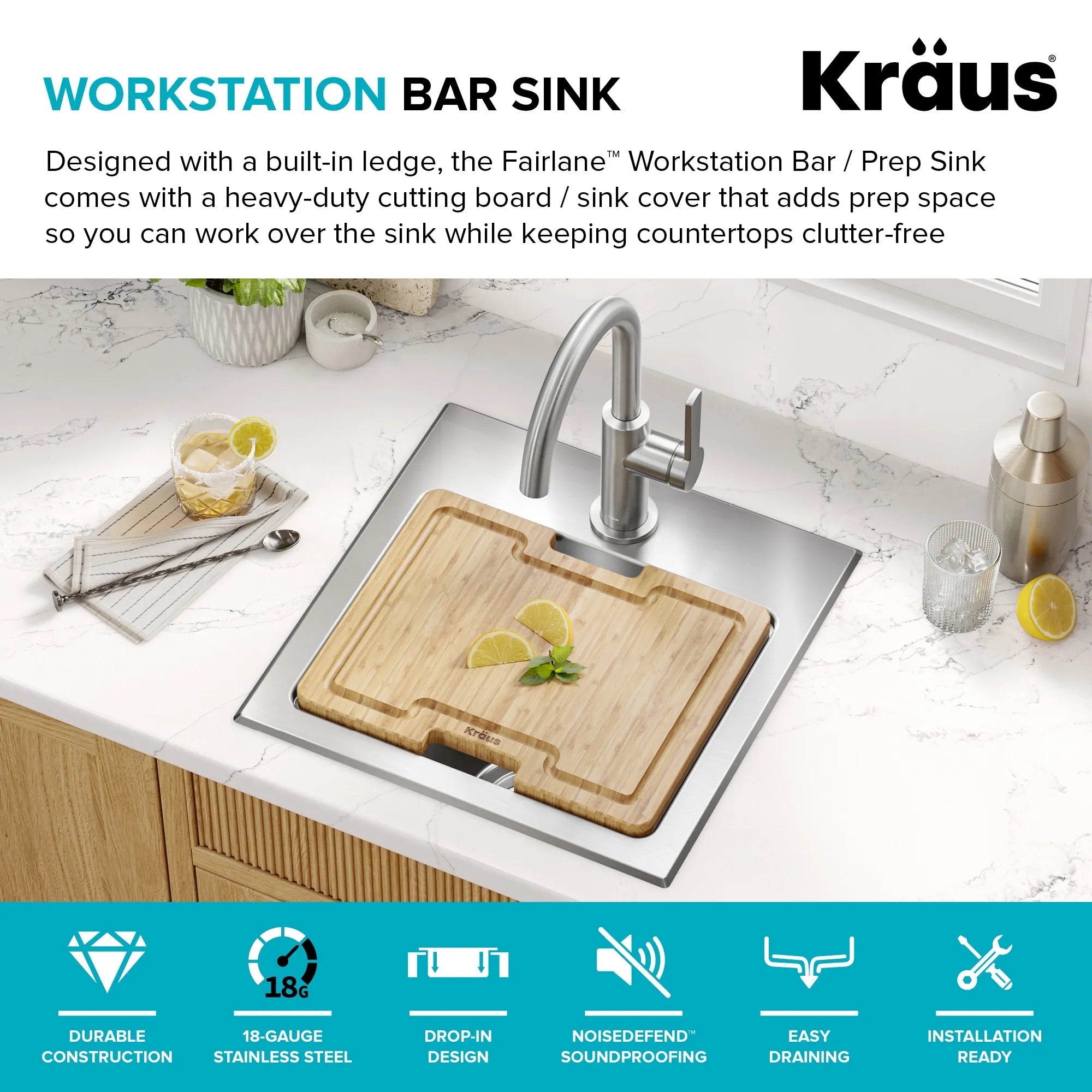 KRAUS Fairlane 15” Drop-In Workstation Single Bowl  Stainless Steel Bar Kitchen Sink with Accessories