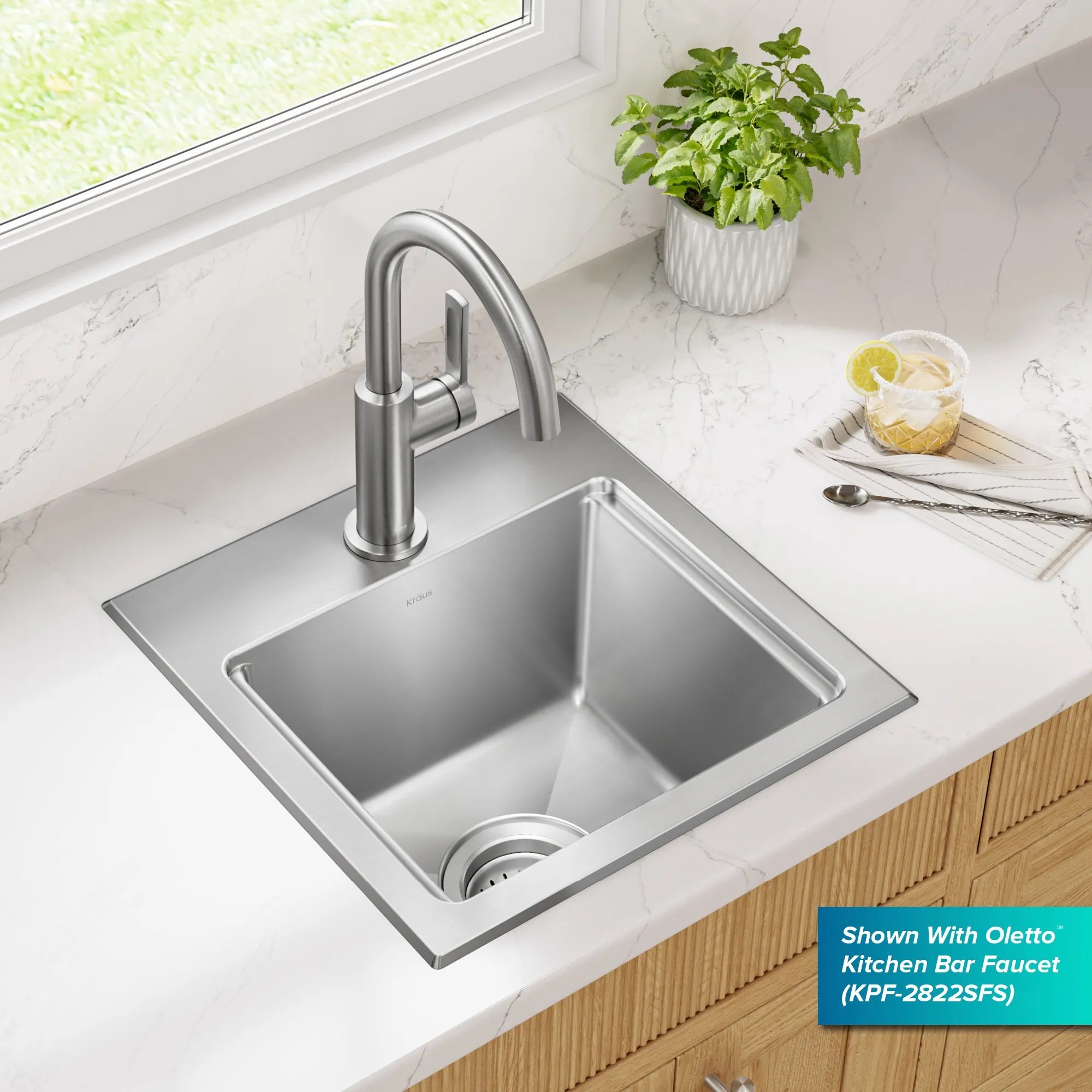 KRAUS Fairlane 15” Drop-In Workstation Single Bowl  Stainless Steel Bar Kitchen Sink with Accessories