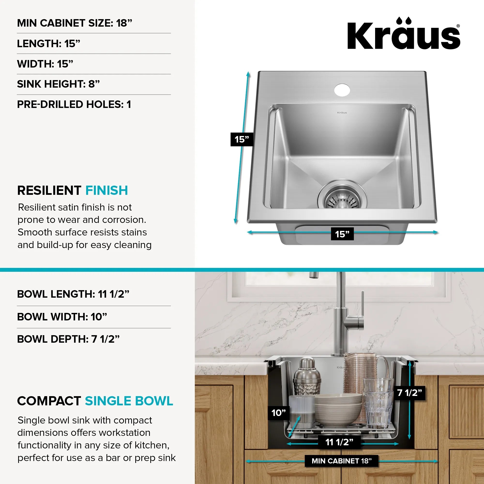KRAUS Fairlane 15” Drop-In Workstation Single Bowl  Stainless Steel Bar Kitchen Sink with Accessories