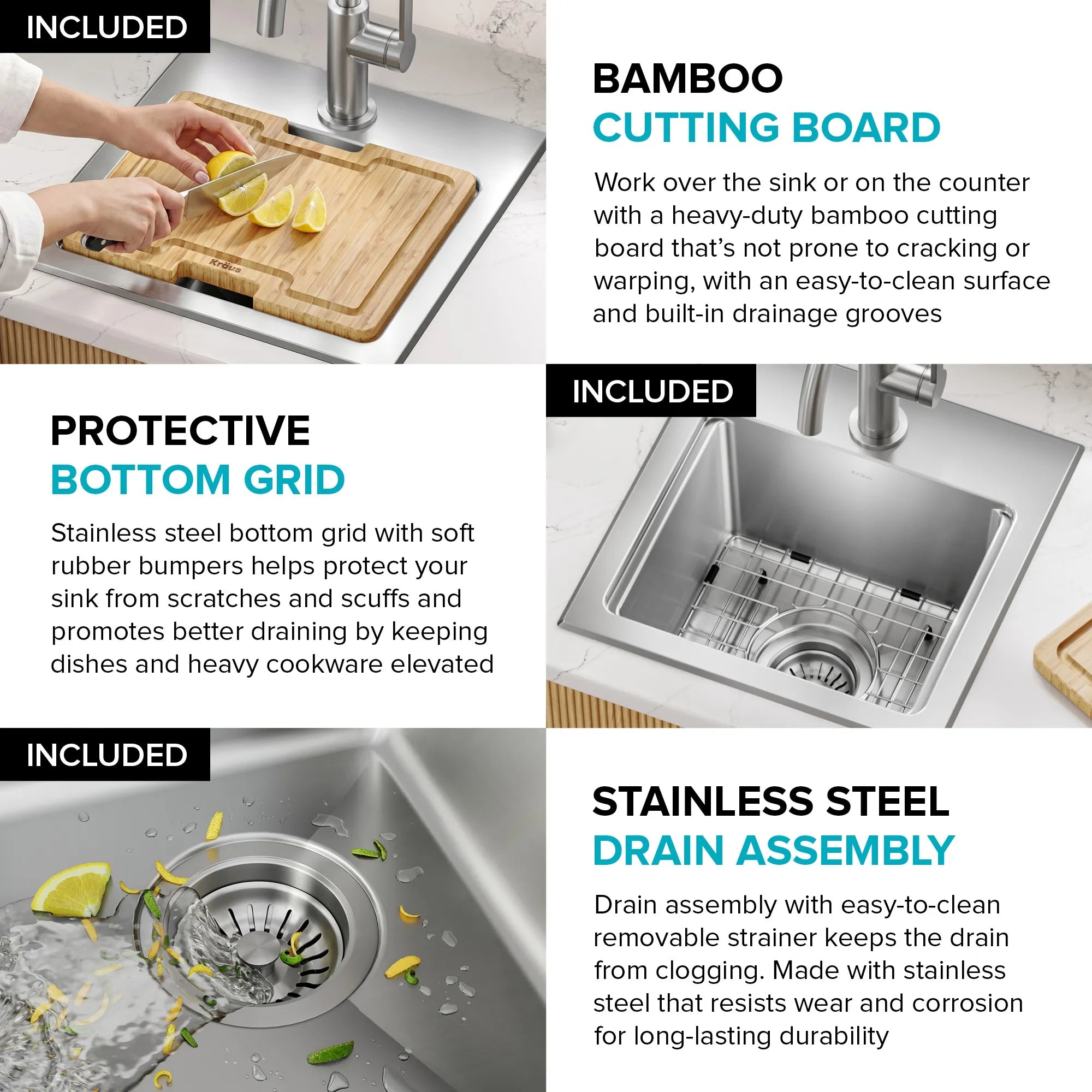 KRAUS Fairlane 15” Drop-In Workstation Single Bowl  Stainless Steel Bar Kitchen Sink with Accessories