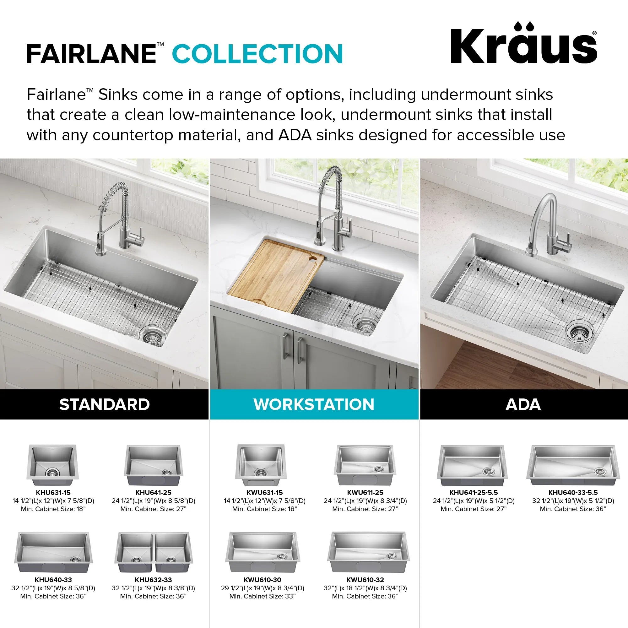 KRAUS Fairlane 15” Undermount Workstation Stainless Steel Bar Kitchen Sink 