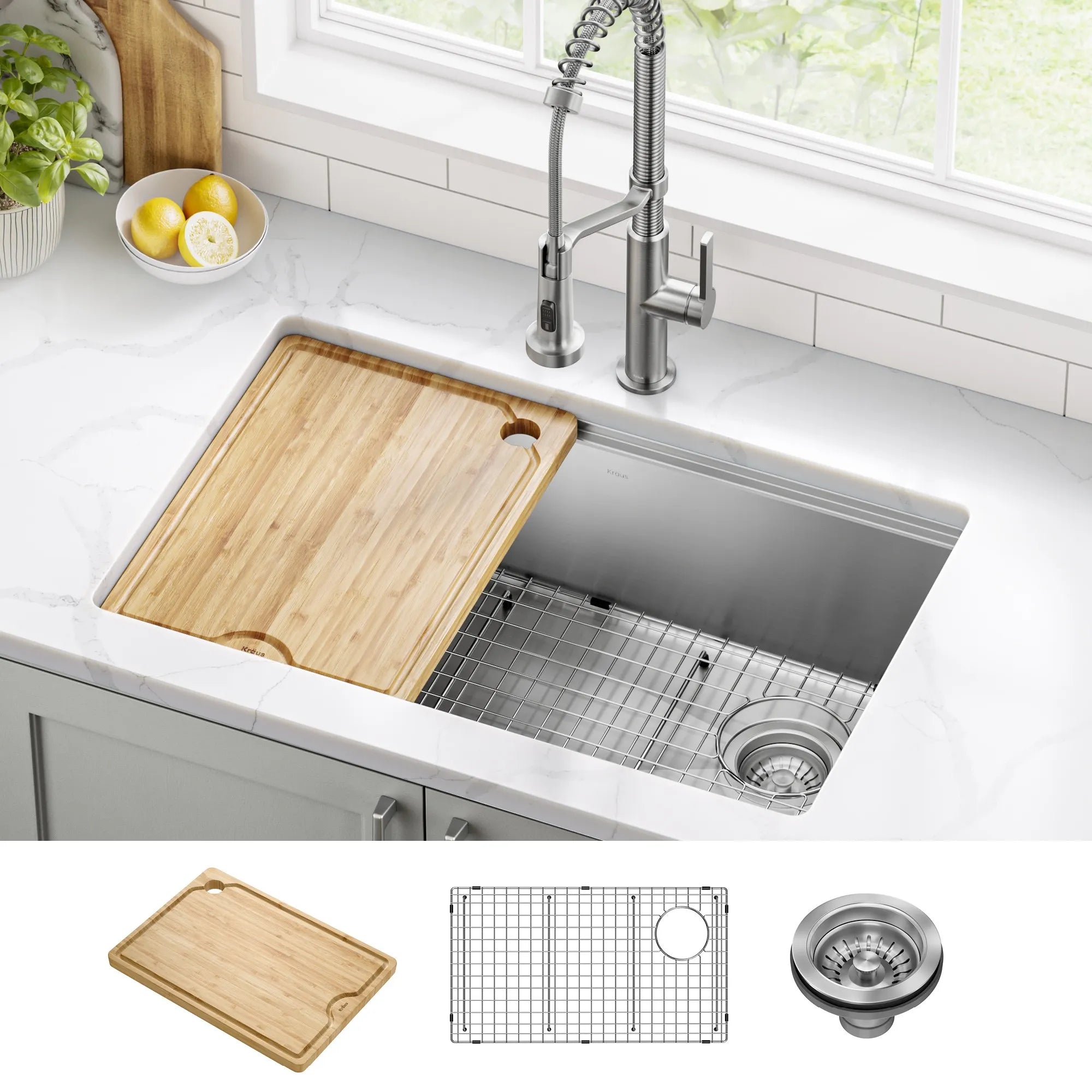 KRAUS Fairlane 30” Undermount Workstation Single Bowl Stainless Steel Kitchen Sink