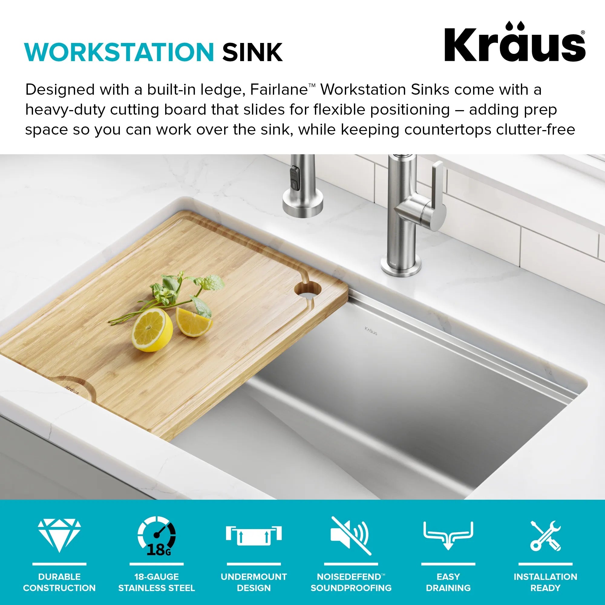 KRAUS Fairlane 32” Undermount Workstation Single Bowl Stainless Steel Kitchen Sink 