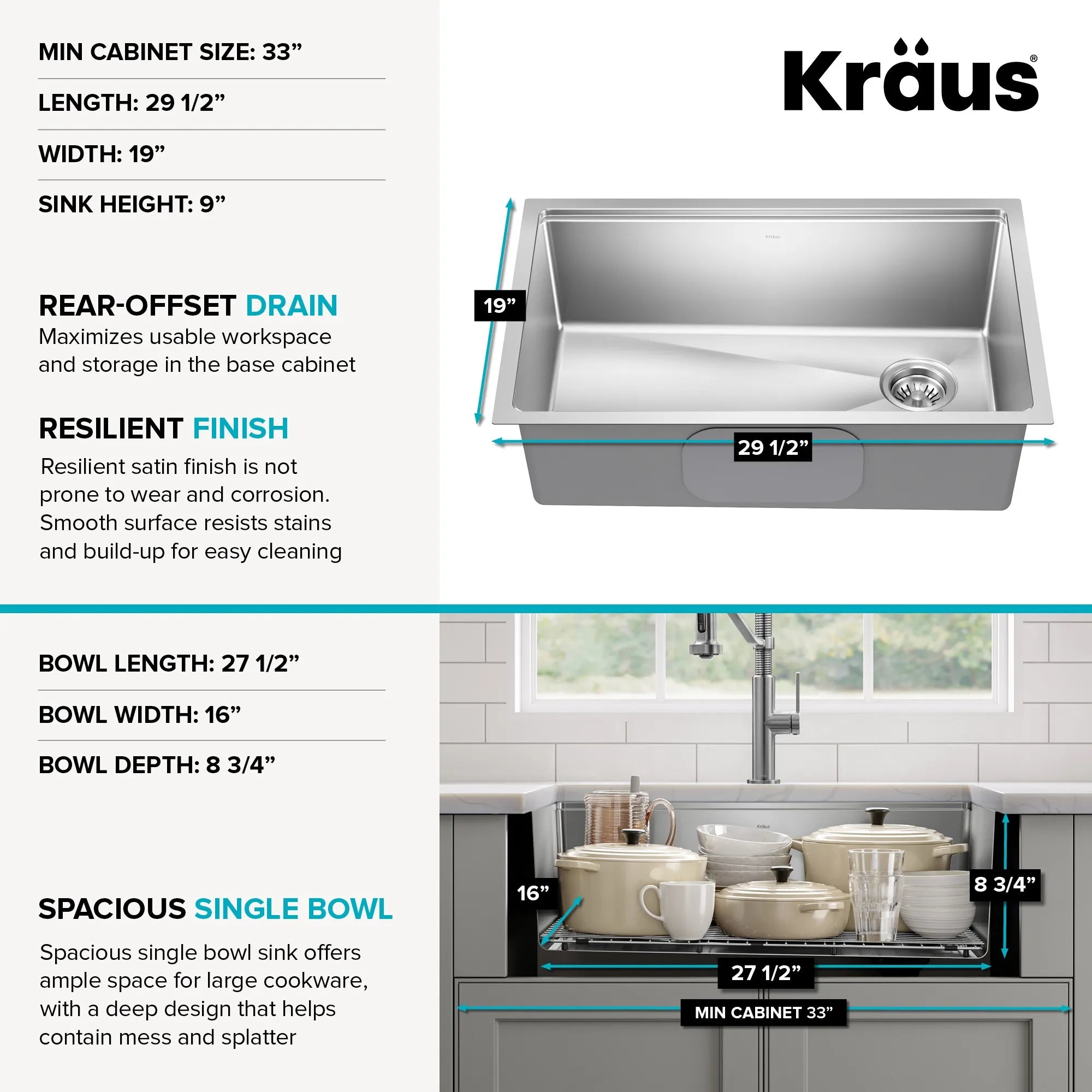 KRAUS Fairlane 30” Undermount Workstation Single Bowl Stainless Steel Kitchen Sink