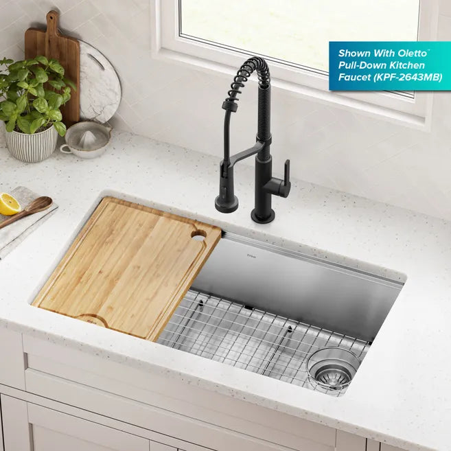 KRAUS Fairlane 32” Undermount Workstation Single Bowl Stainless Steel Kitchen Sink 