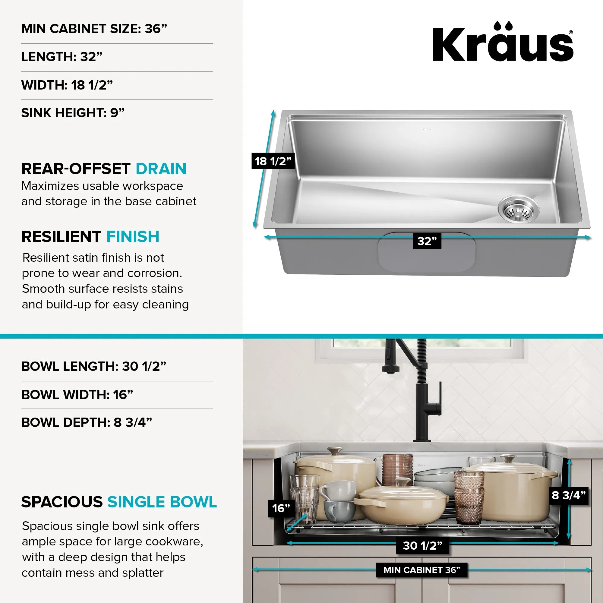 KRAUS Fairlane 32” Undermount Workstation Single Bowl Stainless Steel Kitchen Sink 