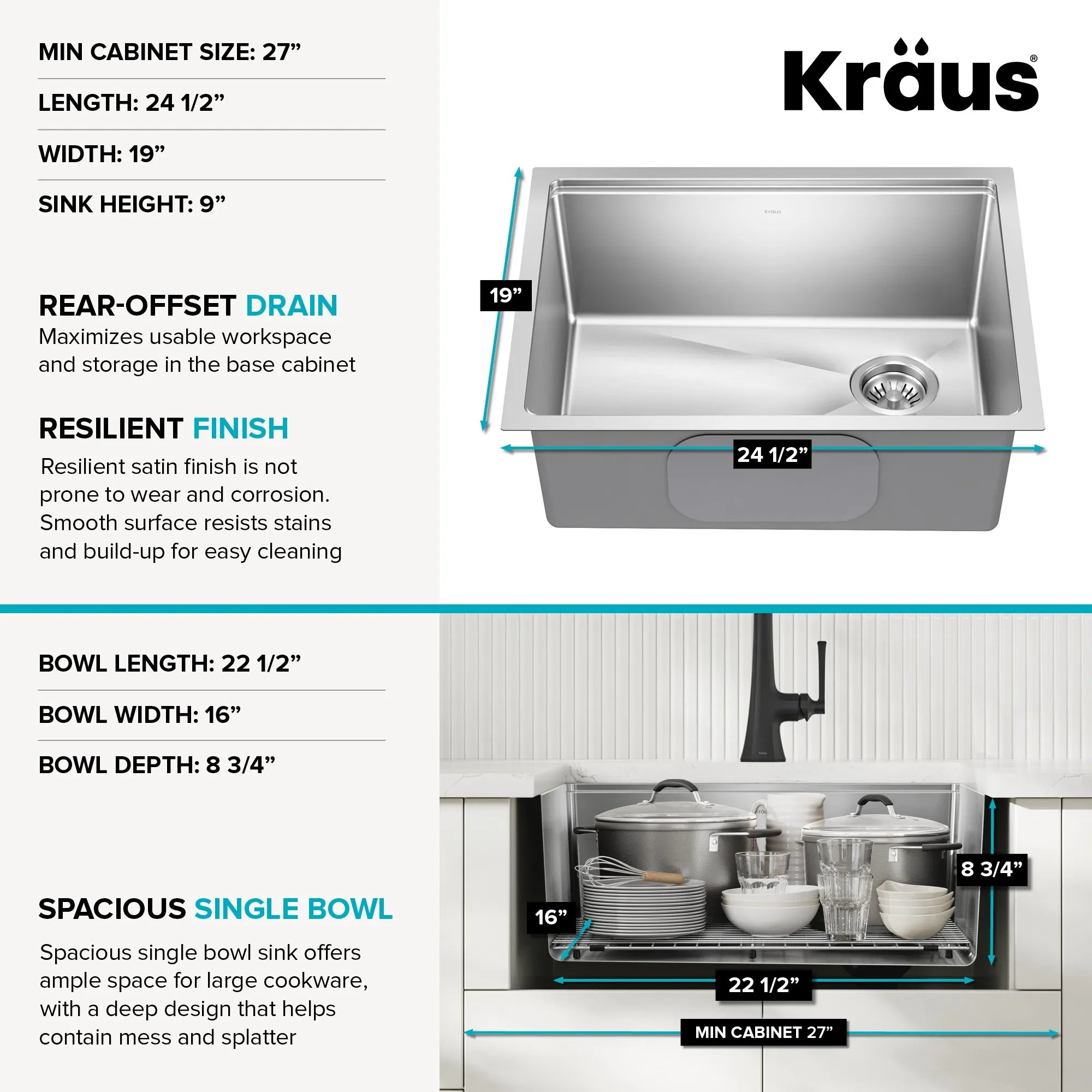 KRAUS Fairlane 25” Undermount Workstation Stainless Steel Kitchen Sink 