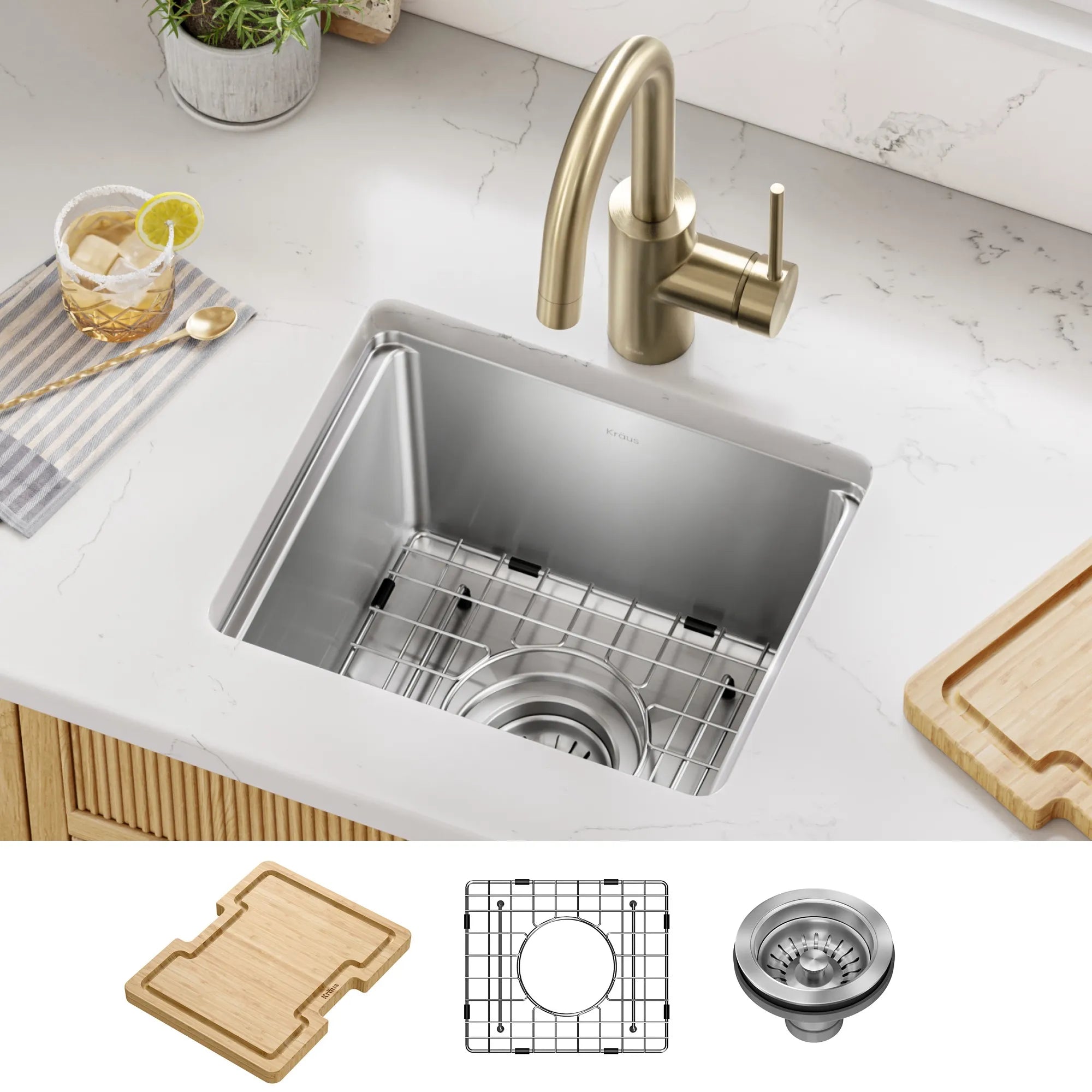 KRAUS Fairlane 15” Undermount Workstation Stainless Steel Bar Kitchen Sink 