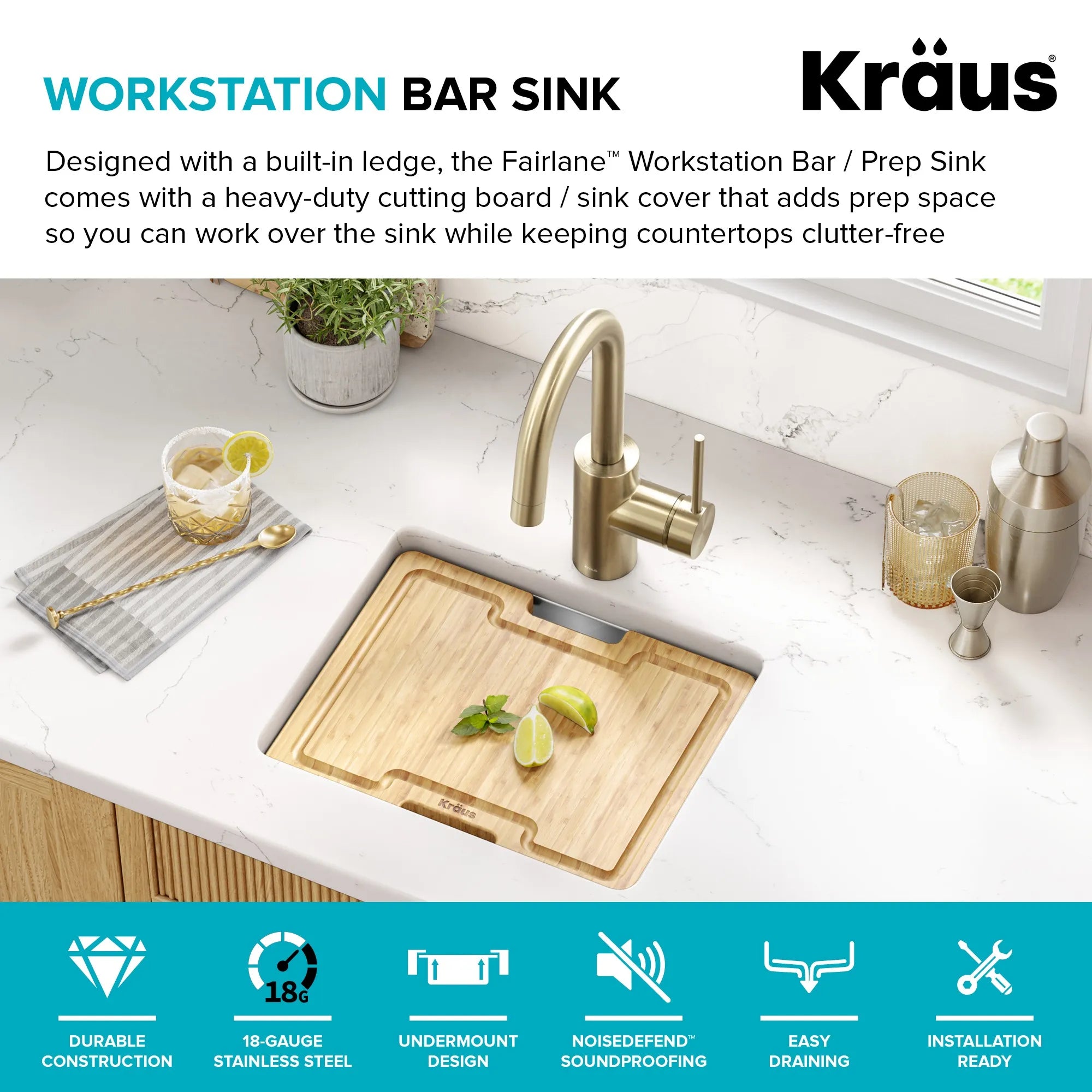 KRAUS Fairlane 15” Undermount Workstation Stainless Steel Bar Kitchen Sink 