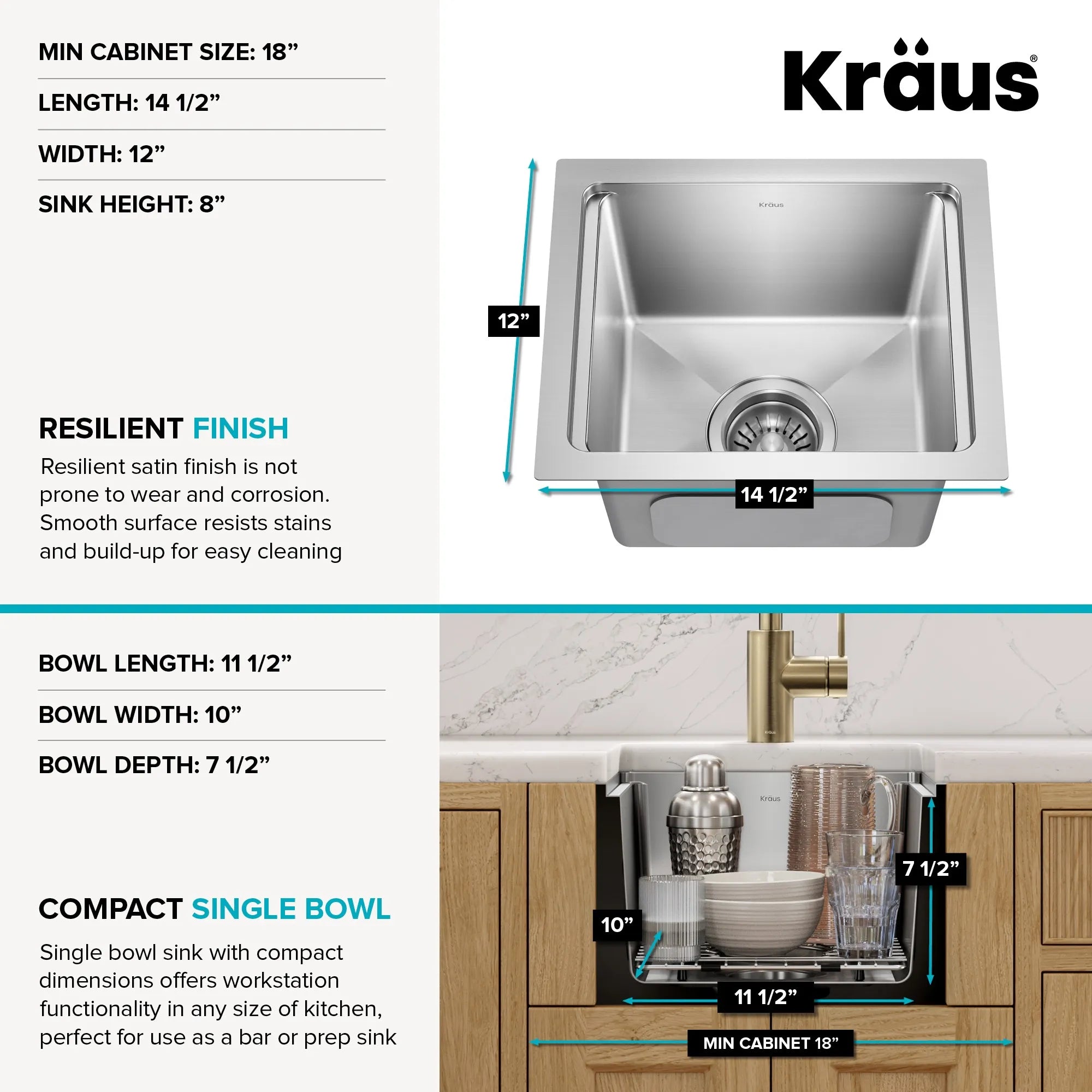 KRAUS Fairlane 15” Undermount Workstation Stainless Steel Bar Kitchen Sink 
