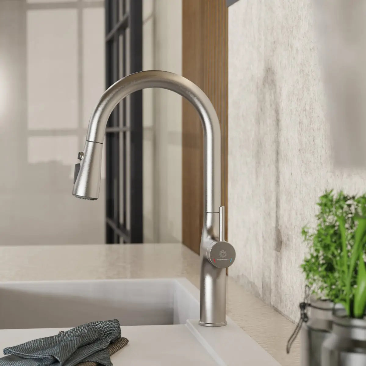 Wasserwerk Arched Pull-Down Kitchen Faucet in Brushed Nickel