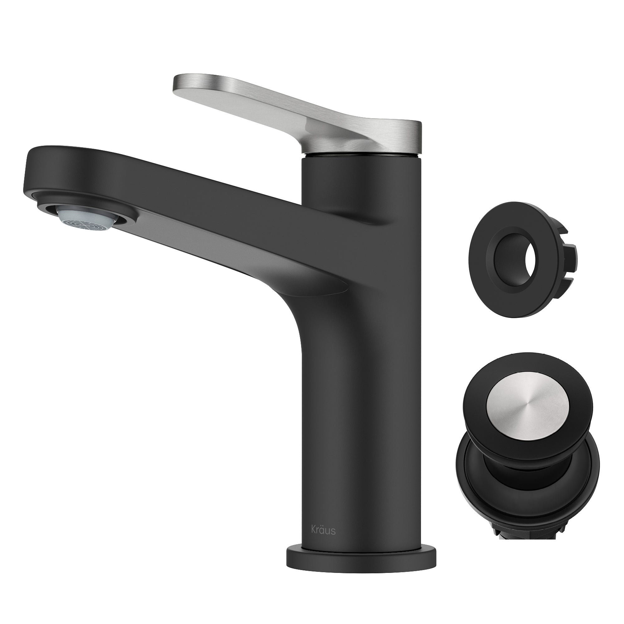 KRAUS Indy Single Handle Bathroom Faucet in Spot-Free Brushed Nickel / Matte Black with Pop Up Drain and Supply LinesDirectSinks