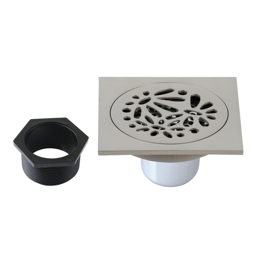 Floral 4" Brass Square Grid Shower Drain with Flange and Hair Trap-DirectSinks