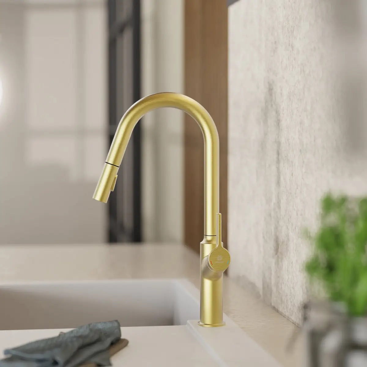 Wasserwerk Kitchen Faucet with Curved Spout in Brushed Gold