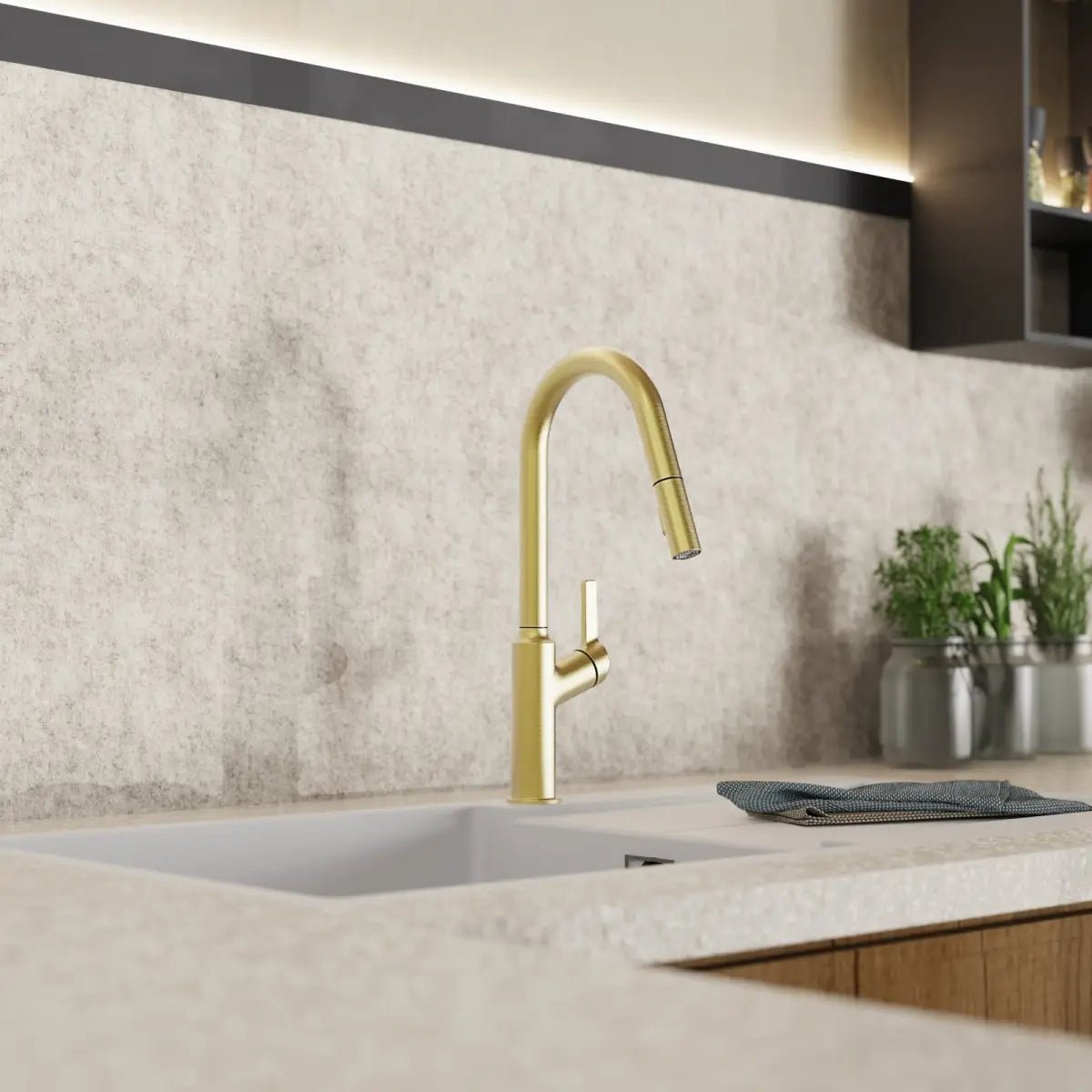 Wasserwerk Kitchen Faucet with Curved Spout in Brushed Gold