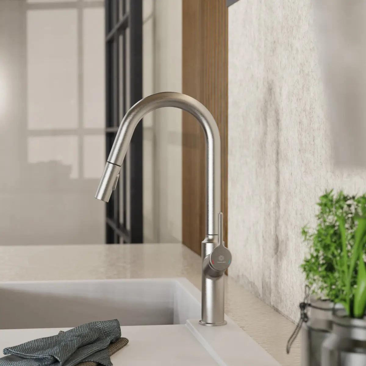 Wasserwerk Kitchen Faucet with Curved Spout in Brushed Nickel