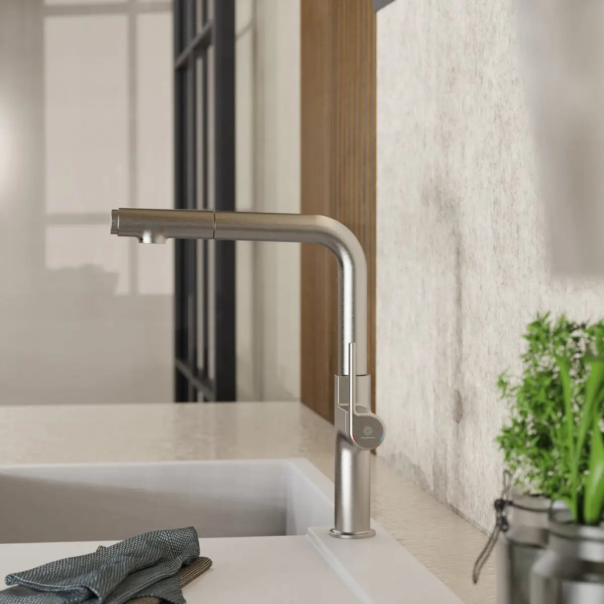 Wasserwerk Kitchen Faucet with Straight Pull-Out Spout in Brushed Nickel