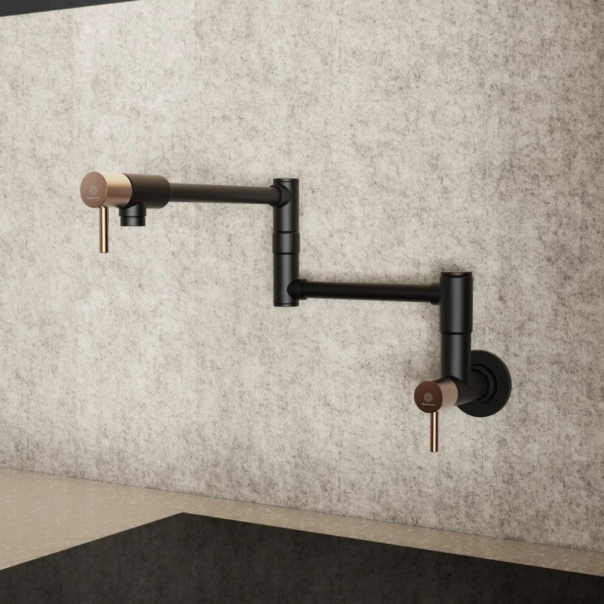 Wasserwerk Wall Mounted Articulating Pot Filler in Matte Black & Rose Gold