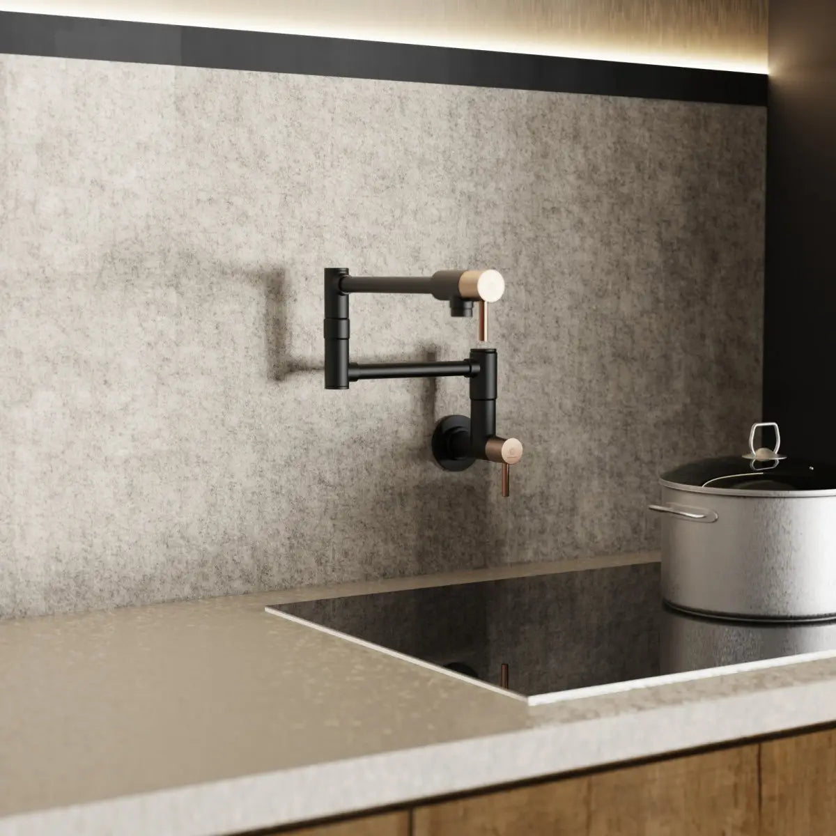 Wasserwerk Wall Mounted Articulating Pot Filler in Matte Black & Rose Gold