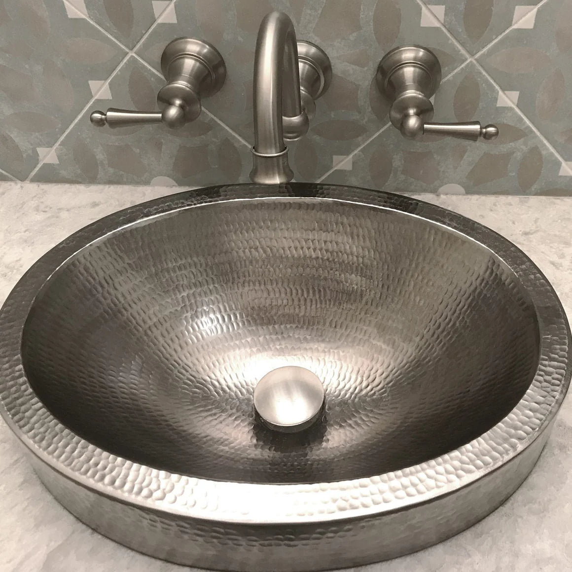 17" Oval Nickel Plated Hammered Copper Recessed Bathroom Sink-DirectSinks