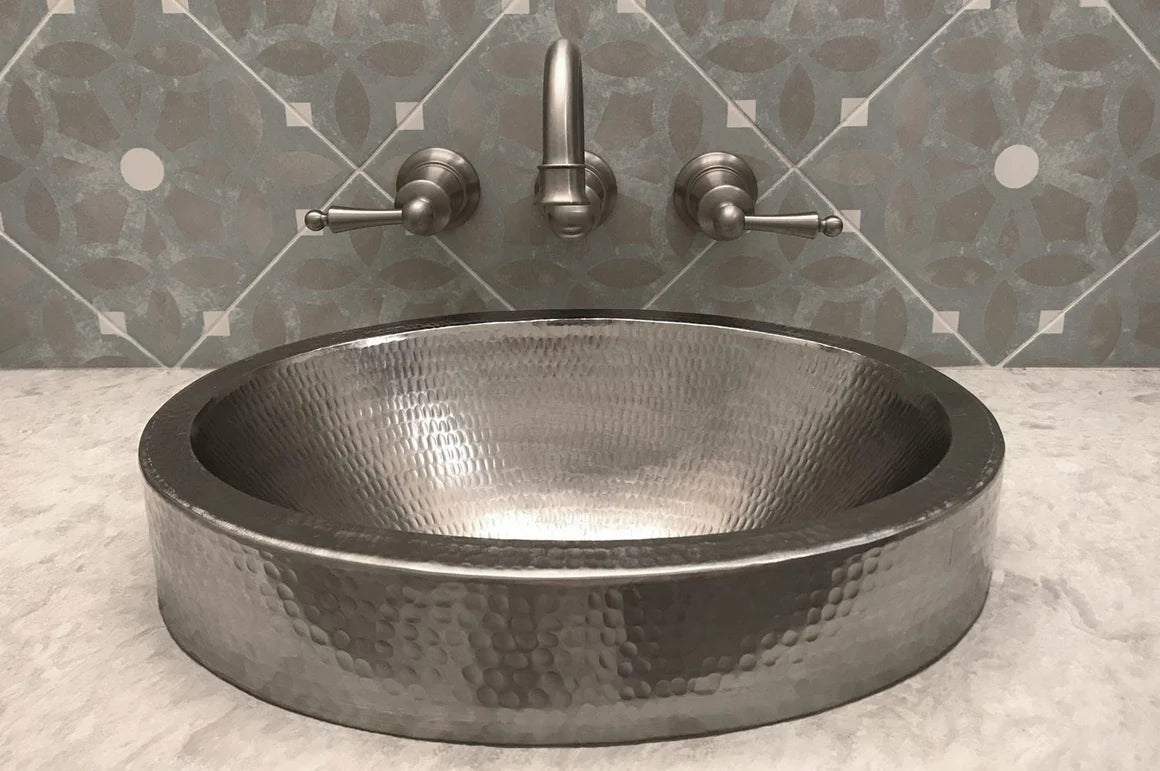 17" Oval Nickel Plated Hammered Copper Recessed Bathroom Sink-DirectSinks