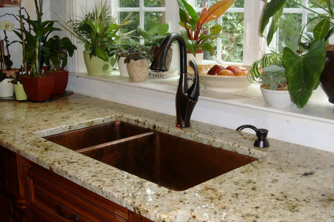 Premier Copper Products 33" Hammered Copper Kitchen 25/75 Double Basin Sink
